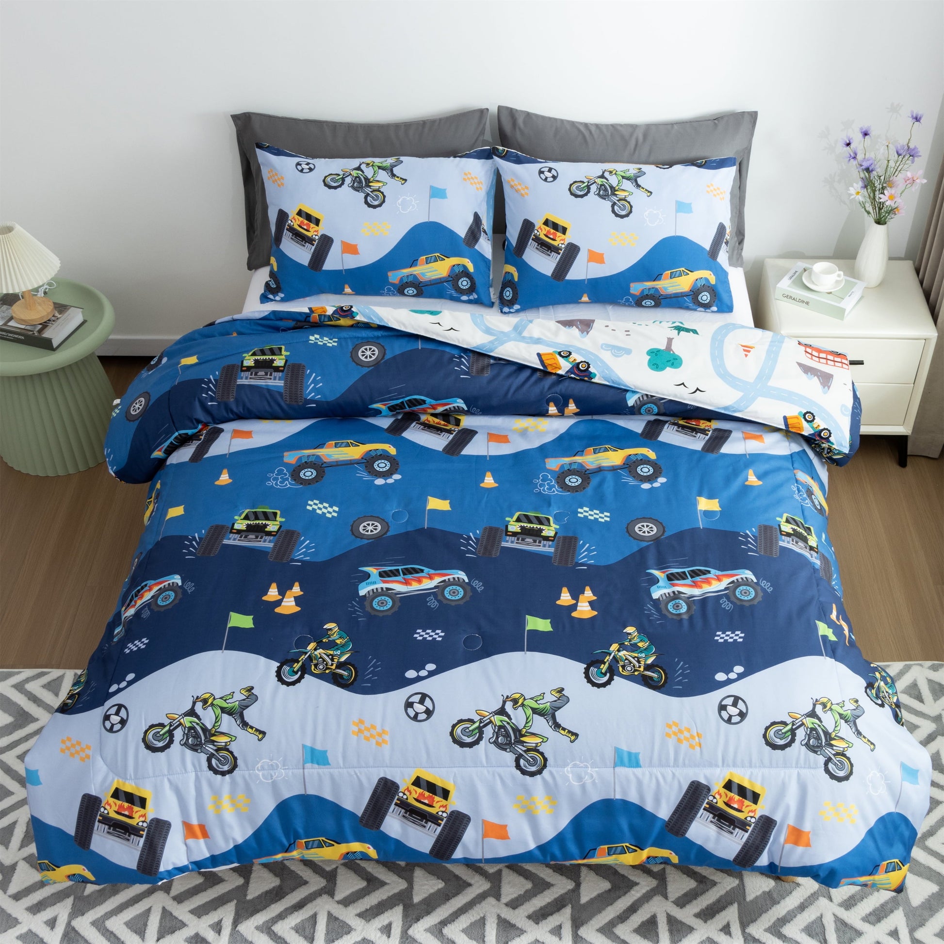 Heavyweight Warmth 3Pcs Reversible Construction Truck Twin Comforter Set for Boys Kids Excavator Vehicle Motorcycle Bedding Set Blue - Hypoallergenic Ultra-Fluffy Quilt for Winter Detail
