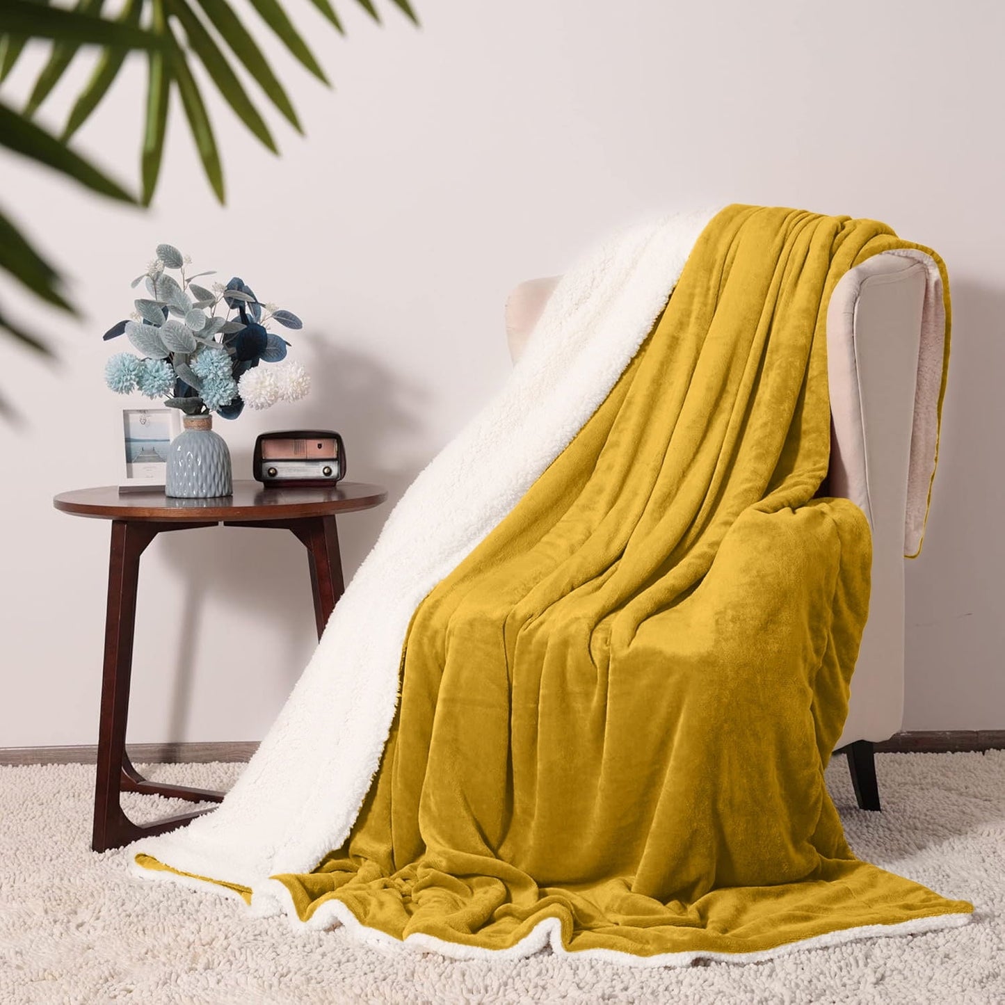 Cozy Fleece Moonlight20015 Sherpa Blanket Fluffy Plush Couch & Travel Blanket Reversible Throw Size Ochre Color - Lightweight Plush Warm Blanket for All Seasons Detail