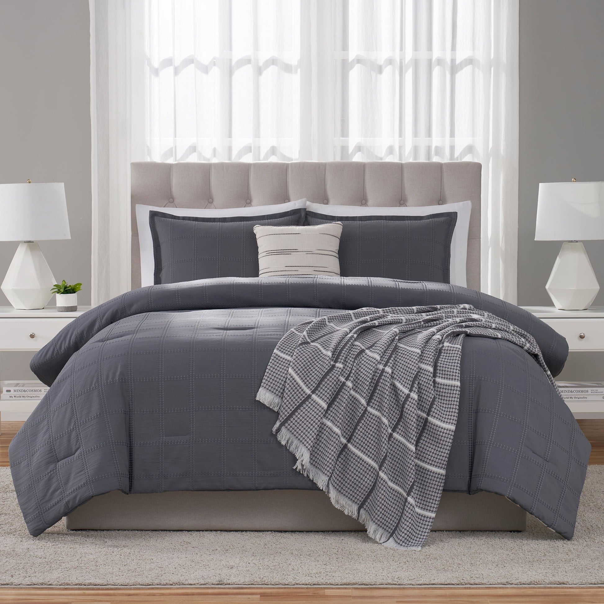 All-Season Full/Queen Comforter Set, All-Season, 5-Piece, Grey Waffle Check - Cloud-Like Soft Lightweight Bed Comforter Detail