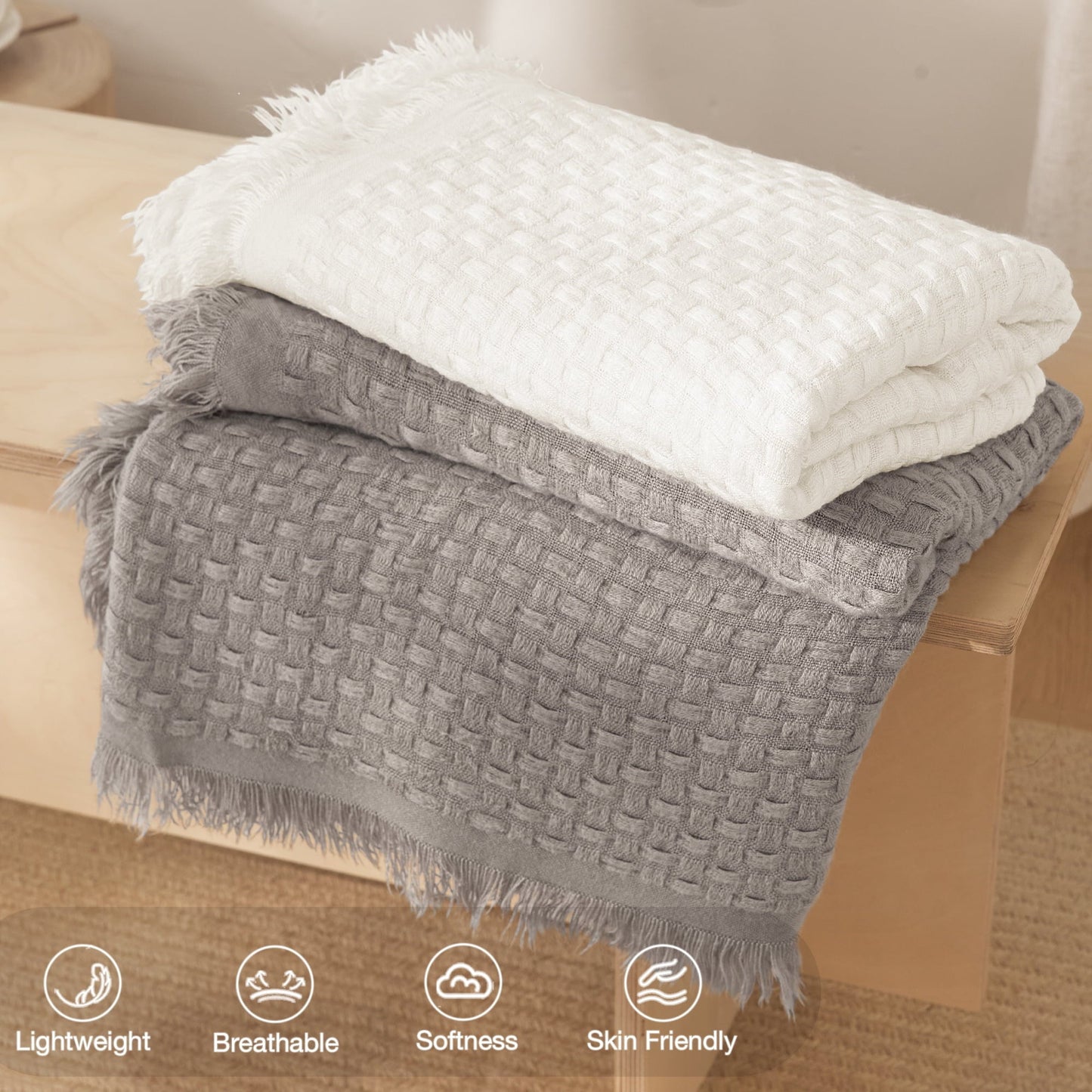 Super Soft Flannel Knitted Throw Blanket with Fringes for Couch, Soft and Warm Textured Throw for All Season, Lightweight Breathable Roo... - Cozy Fleece Throw Blanket for Couch & Bed Detail