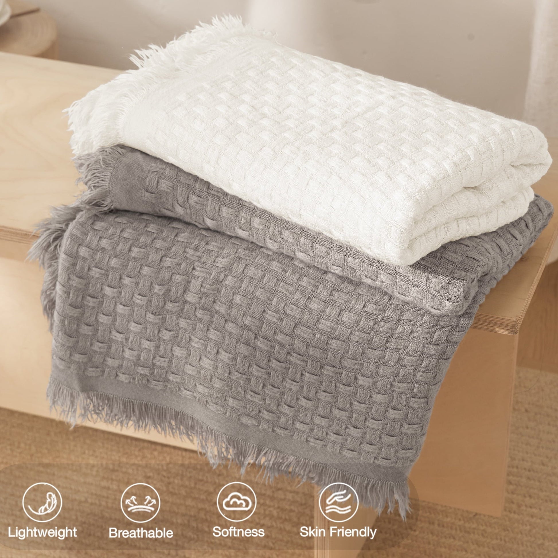 Super Soft Flannel Knitted Throw Blanket with Fringes for Couch, Soft and Warm Textured Throw for All Season, Lightweight Breathable Roo... - Cozy Fleece Throw Blanket for Couch & Bed Detail
