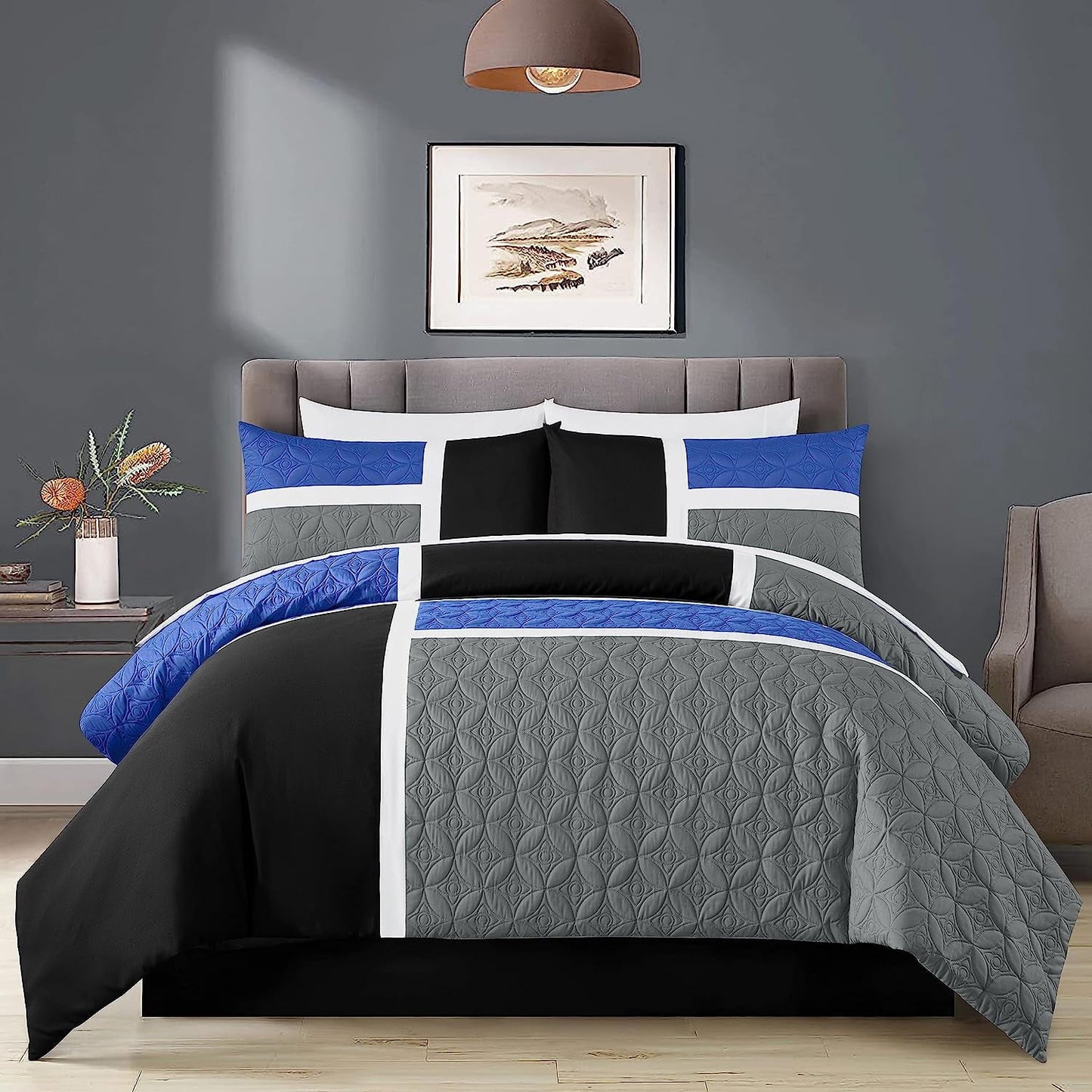Hypoallergenic Cloud Bernard 7-Piece Full Bed in a Bag Comforter Set with Sheets, Lightweight Comforter Blue Black Gray Patchwork Quilted ... - Luxurious Quilted Duvet Cover Set Detail