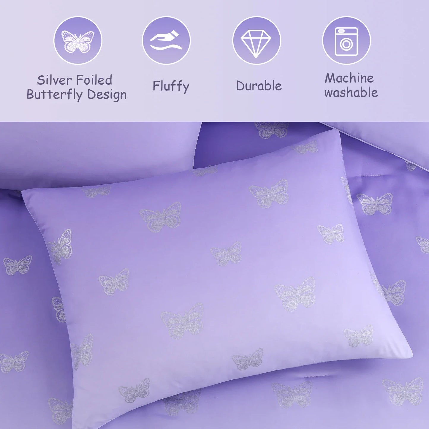Fluffy Down Alternative gold foil Design 7-piece Bed in a Bag Comforter Set with Sheets,Purple/Silver Butterflies,Full - Hypoallergenic Ultra-Fluffy Quilt for Winter Detail