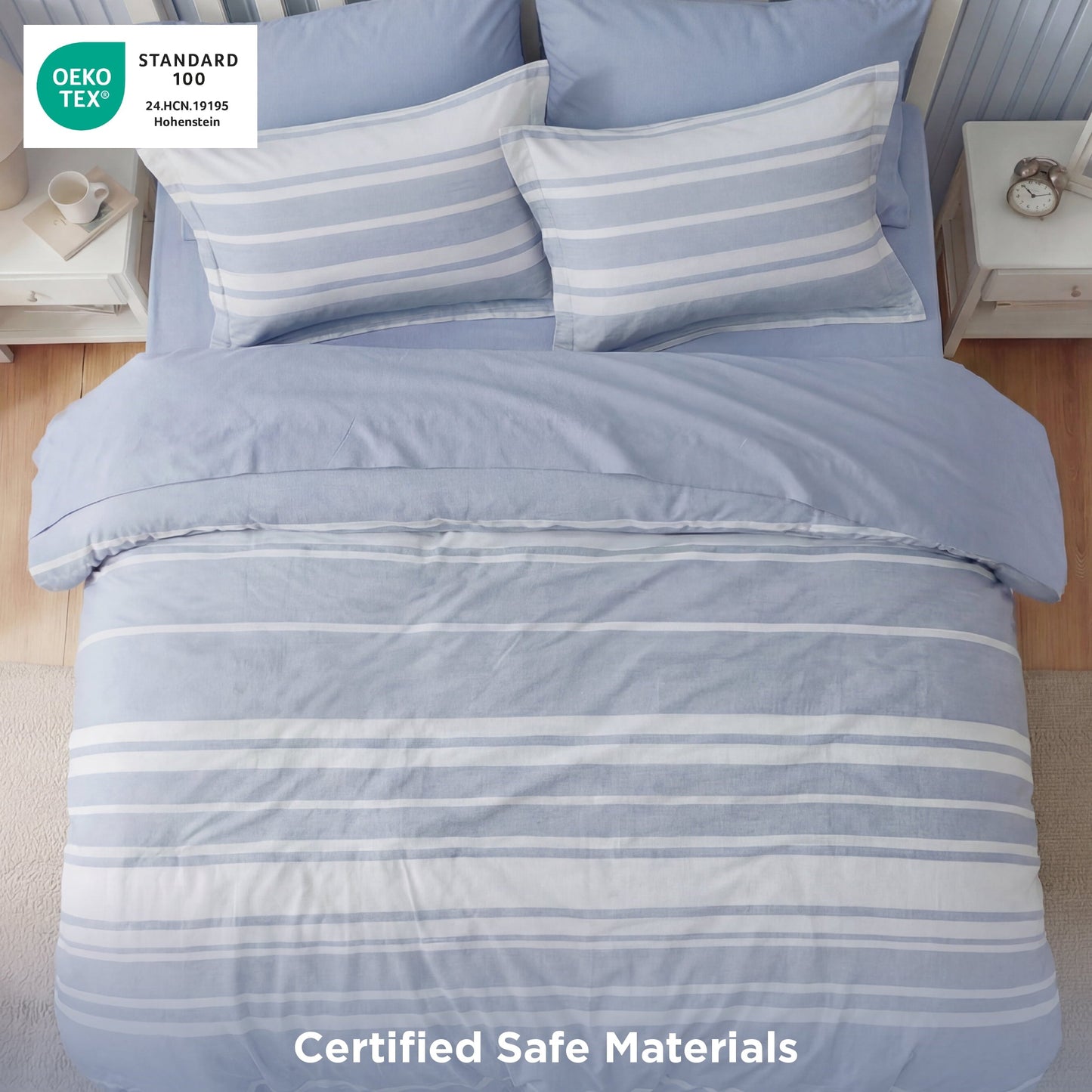 Fluffy Down Alternative Queen Comforter Set Blue, Bed in a Bag Queen Size Bedding 7-Pieces, Striped Bedding Set for All Seasons - Cloud-Like Soft Lightweight Bed Comforter Detail
