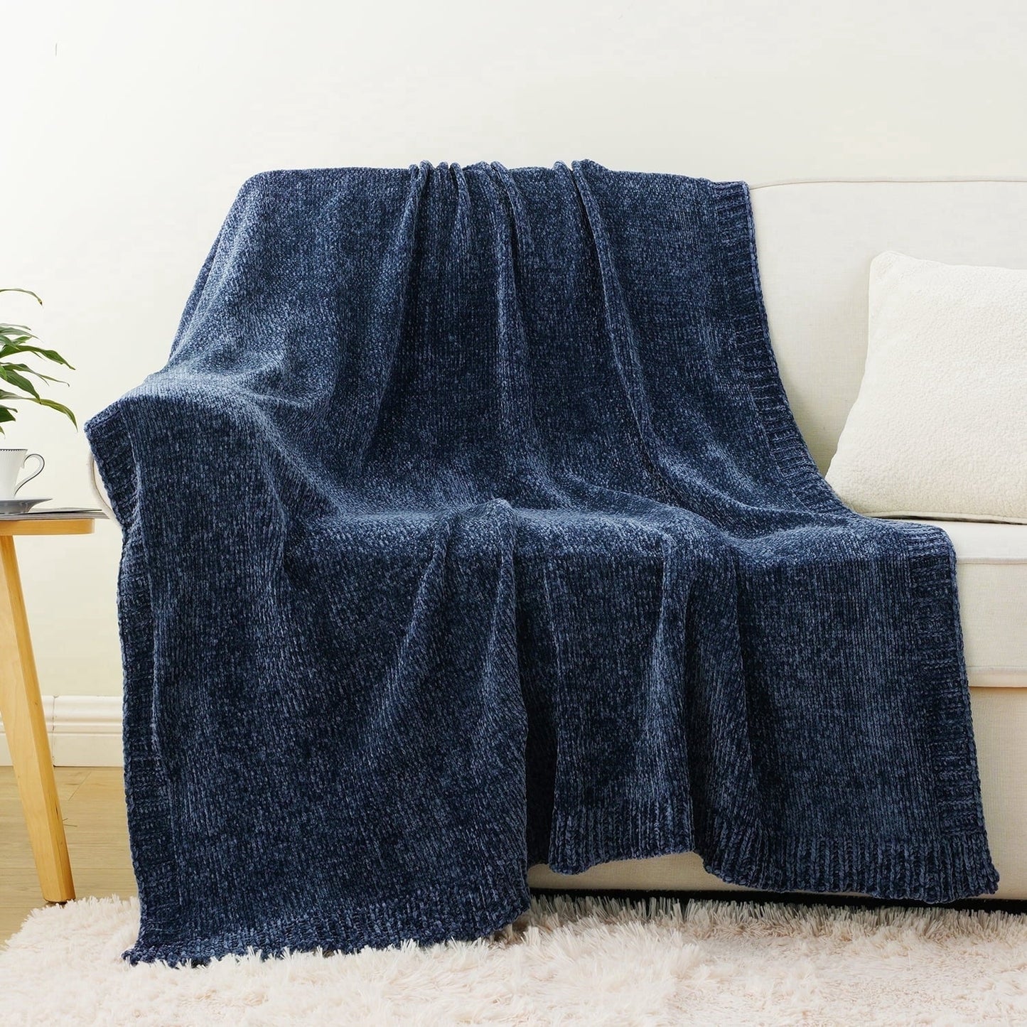 Decorative Knitted Navy Blue Chenille Throw for Couch Bed,Soft Navy Knit Blanket, Housewarming Gifts, 51"x 67" - Super Soft Reversible Sherpa Flannel Blanket Detail