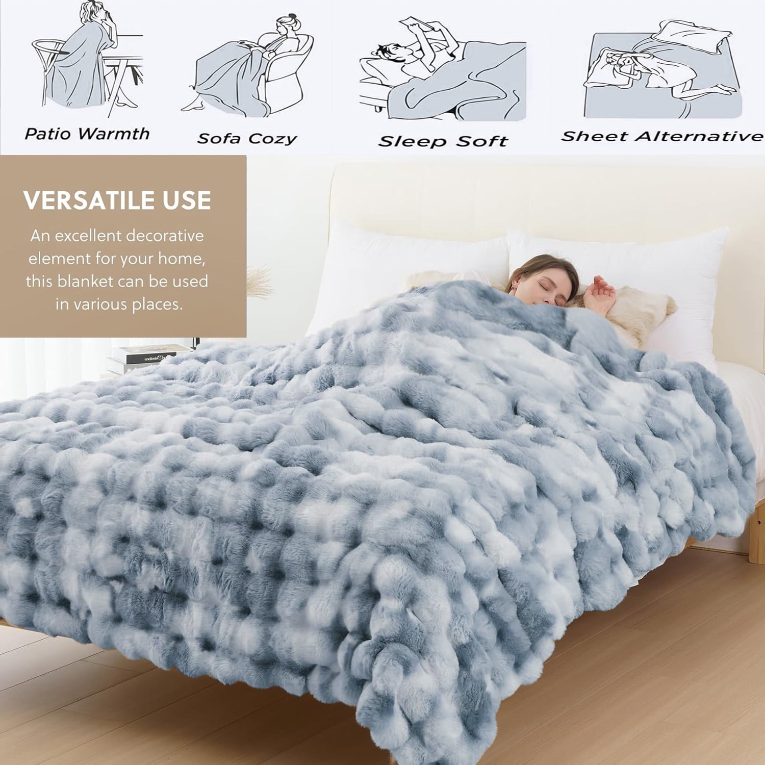 Super Soft Flannel Faux Fur Blanket Fluffy Luxury Throw Blanket Plush Fuzzy Blanket for Couch Bed 50×60 Inches Tie-dyed Blue - Super Soft Reversible Sherpa Flannel Blanket Detail