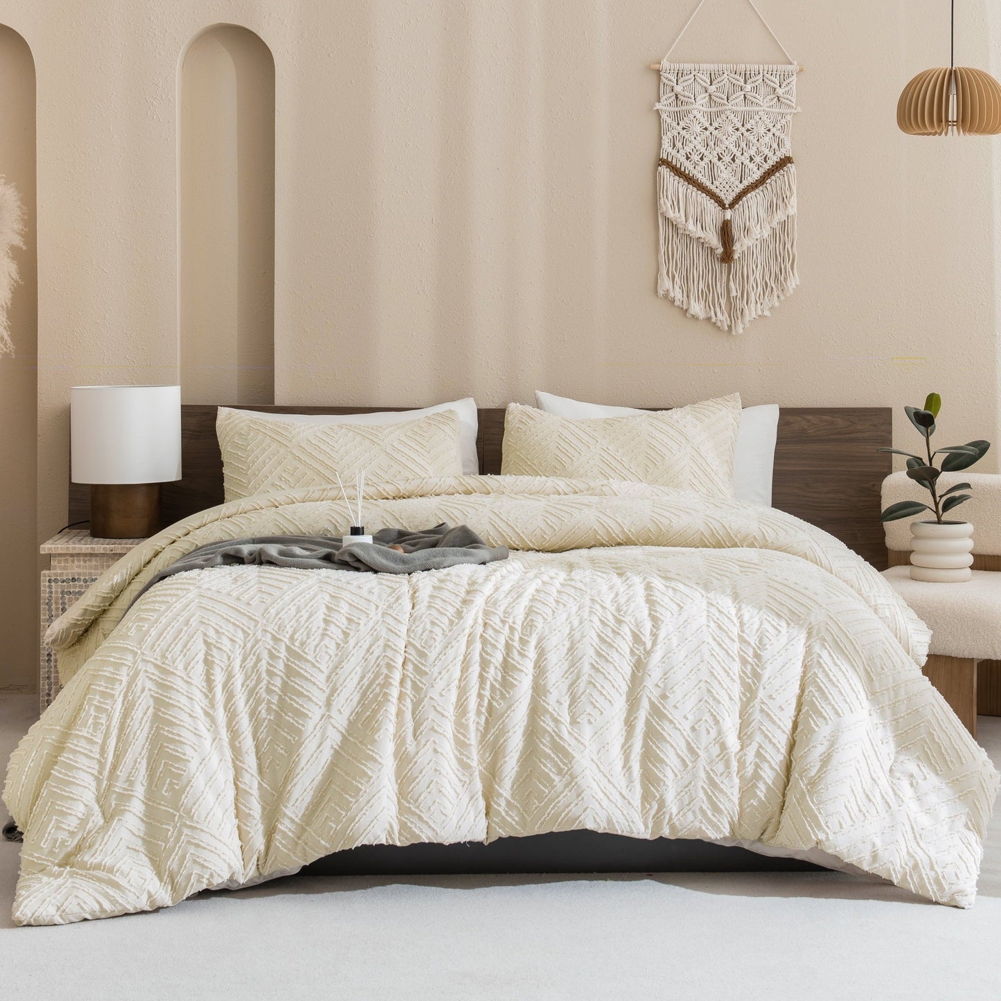 Heavyweight Warmth King Size Comforter Sets Beige - 3 Pieces Cream Boho Bedding Comforter Set for King Bed - Soft Fluffy Tufted Textured... - Hypoallergenic Ultra-Fluffy Quilt for Winter Detail