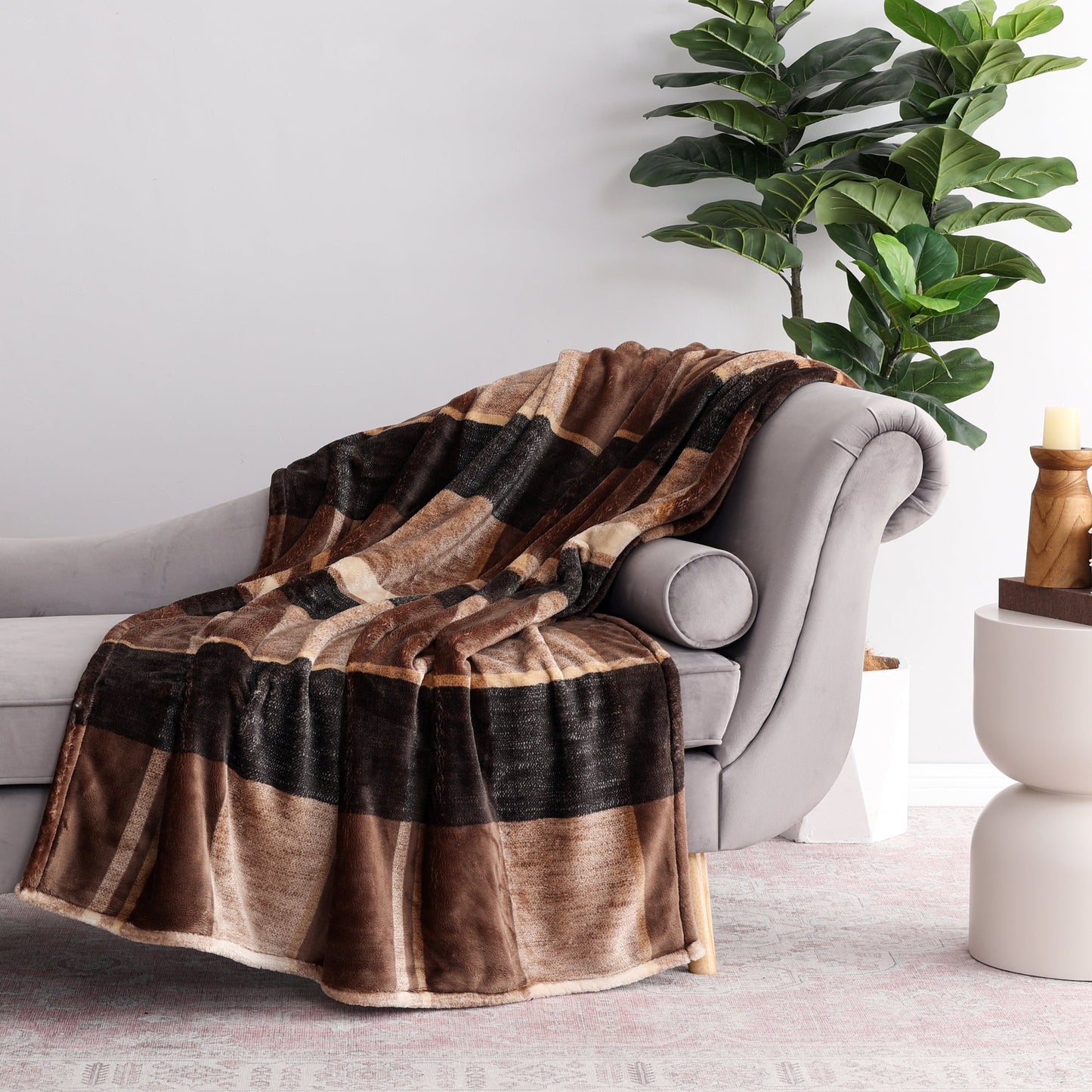 Decorative Knitted Printed Velvet Plush Super Soft Throw Blanket, Oversized, Shelton Brown Plaid - Super Soft Reversible Sherpa Flannel Blanket Detail