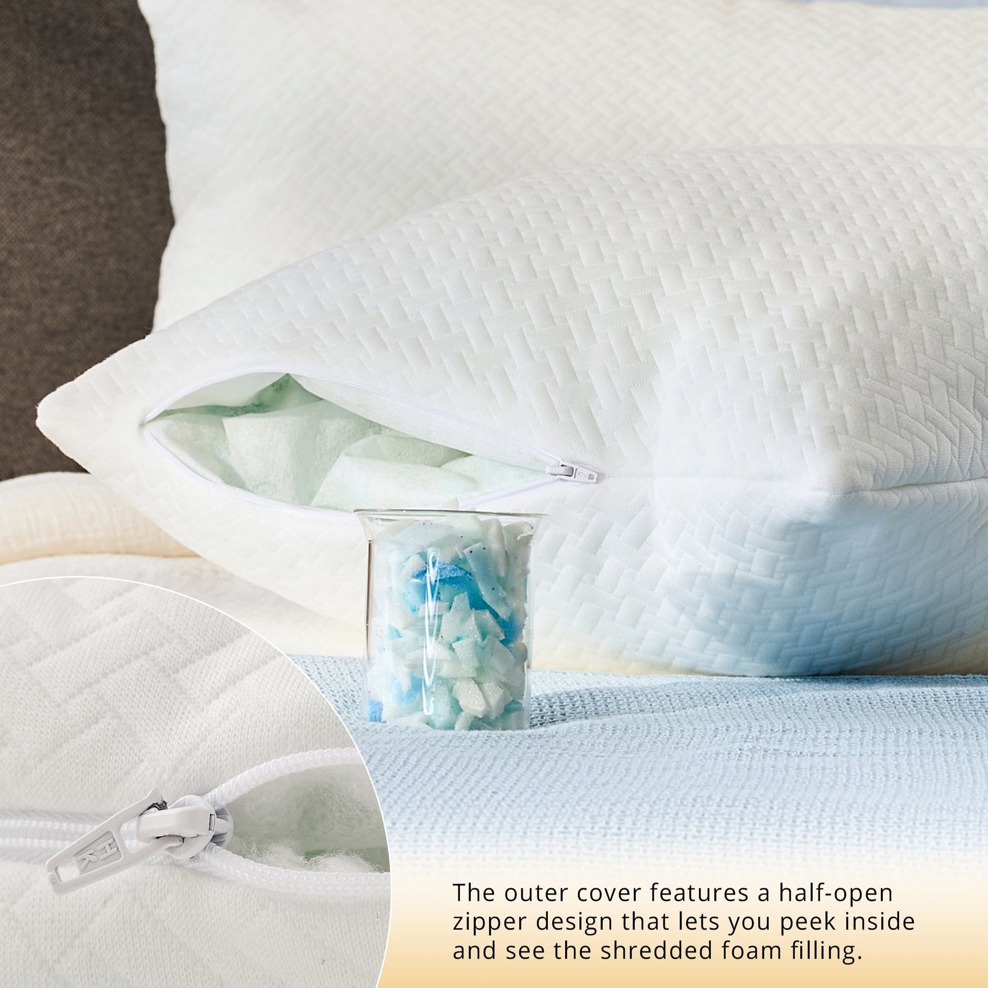 Hotel Collection 2 Pack Bed Pillow, Shredded Gel Memory Foam Pillow, Standard Queen, Medium, Made in USA - Decorative Throw Pillow Cushion for Sofa & Bed Detail