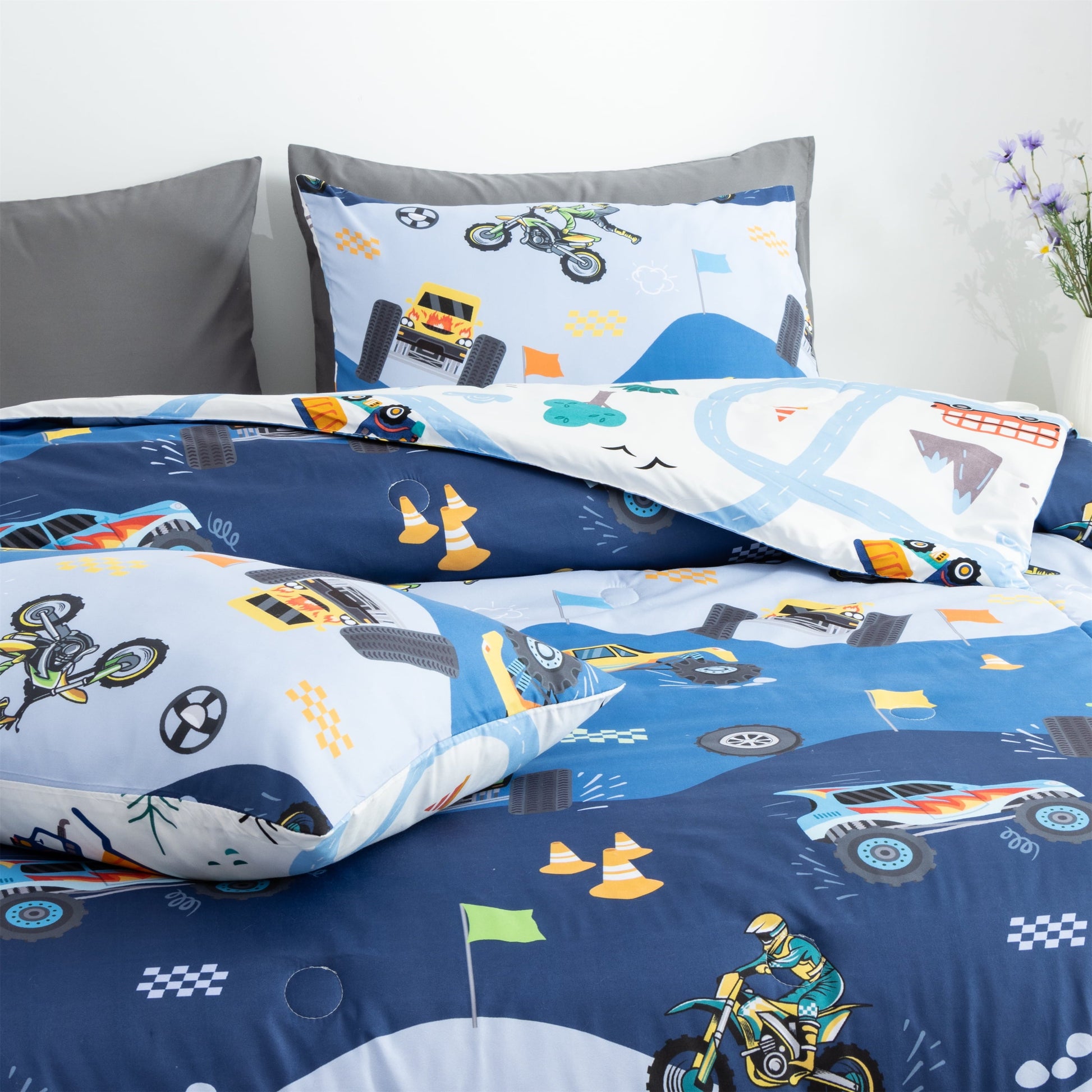 Heavyweight Warmth 3Pcs Reversible Construction Truck Twin Comforter Set for Boys Kids Excavator Vehicle Motorcycle Bedding Set Blue - Hypoallergenic Ultra-Fluffy Quilt for Winter Detail