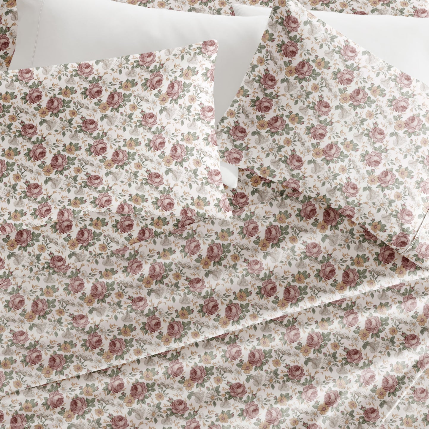Wrinkle-Resistant 4 Piece Pattern Microfiber Bed Sheets Set, Blooming Floral Rose, Queen - Premium Ultra-Soft Pillowcase Pair for Sleeping Detail