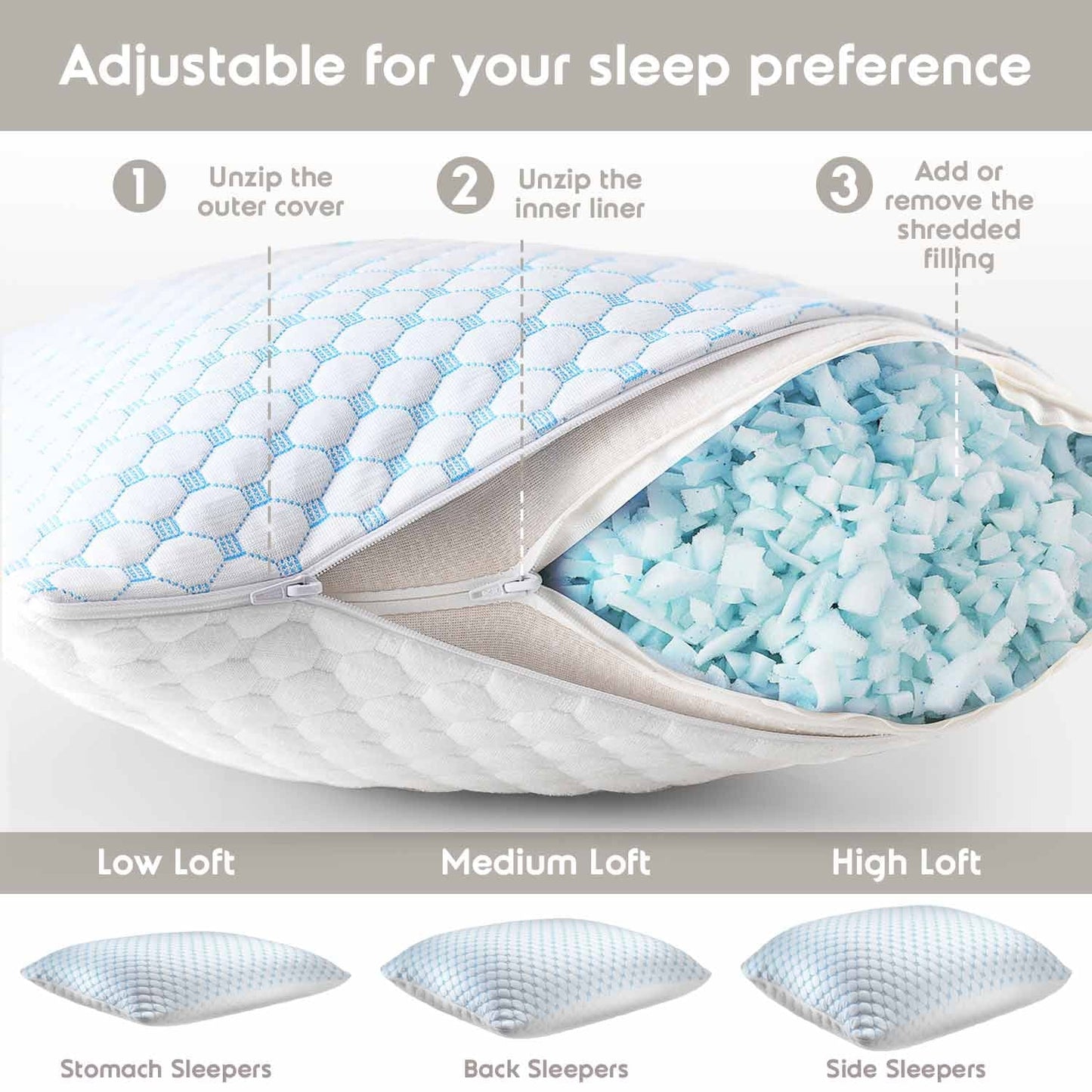 Hotel Collection Cooling Pillows for Bed, Memory Foam Bed Pillow, Queen Pillows 20” X 28”, 2 Pack - Ergonomic Memory Foam Pillow for Neck Pain Support Detail