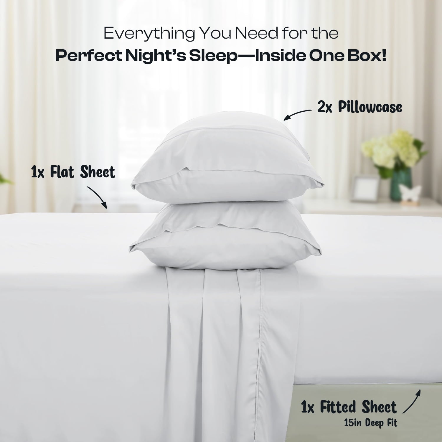 Cooling Sateen IR 3 Piece 1800 Series Deep Pocket Soft Microfiber Solid Bed Sheet Set for Kids, White Twin Size - Cooling Hotel Quality Bedding Sheets and Pillowcases Detail