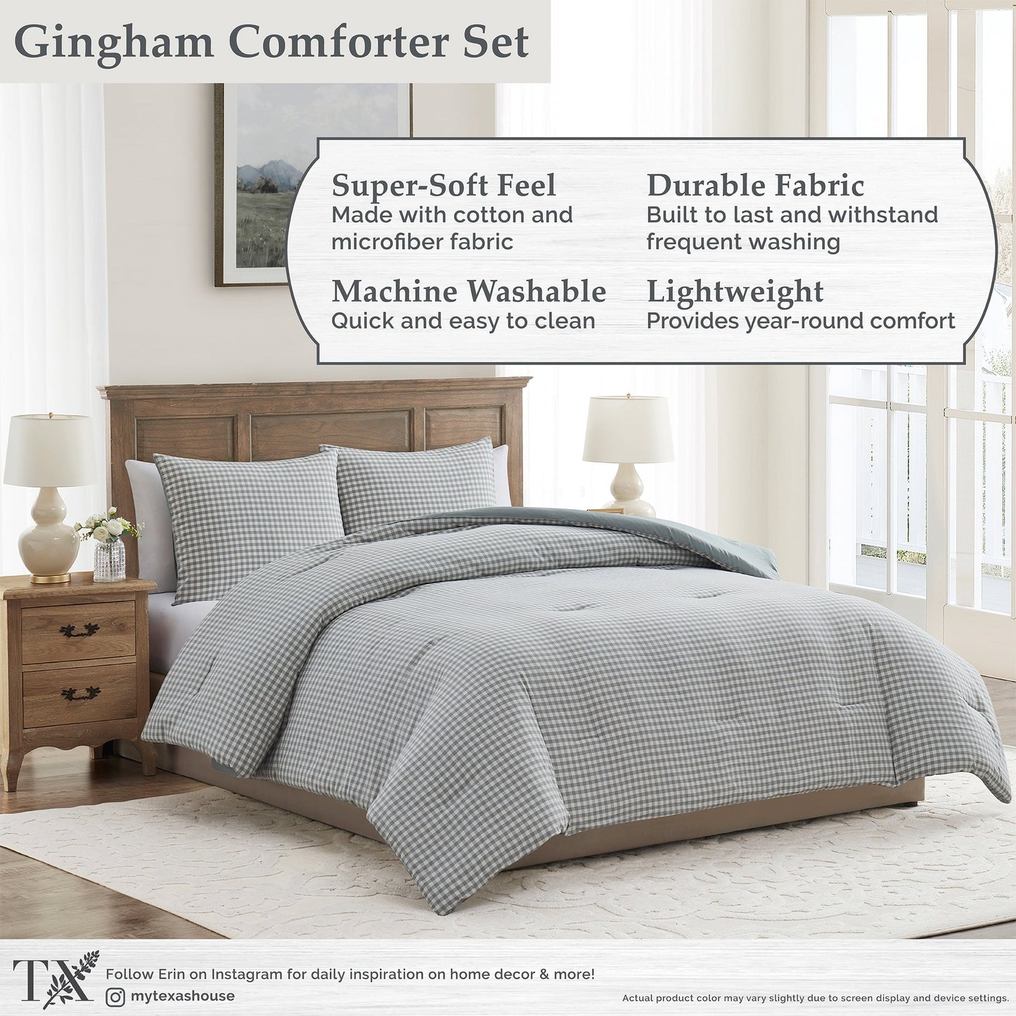 Luxurious Quilted Full/Queen Comforter Set, All-Season, 3-Piece, Green Gingham Plaid - Cloud-Like Soft Lightweight Bed Comforter Detail