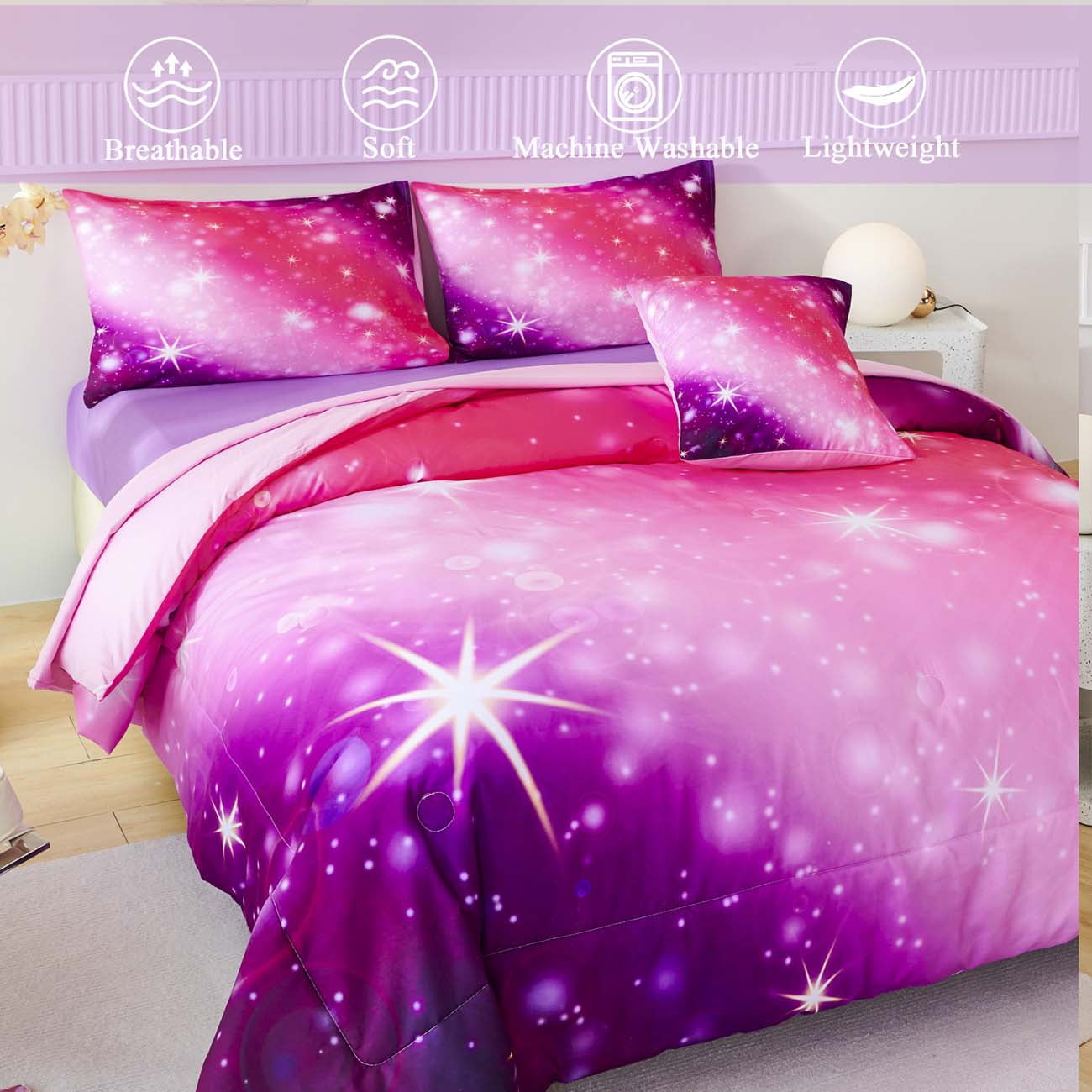 Fluffy Down Alternative 4Pcs Rainbow Twin Size Comforter Set for Girls, Pink Purple Gradient Glitter Kids Bedding Sets, Soft Galaxy Girls Bed... - All-Season Down Alternative Comforter Insert Detail