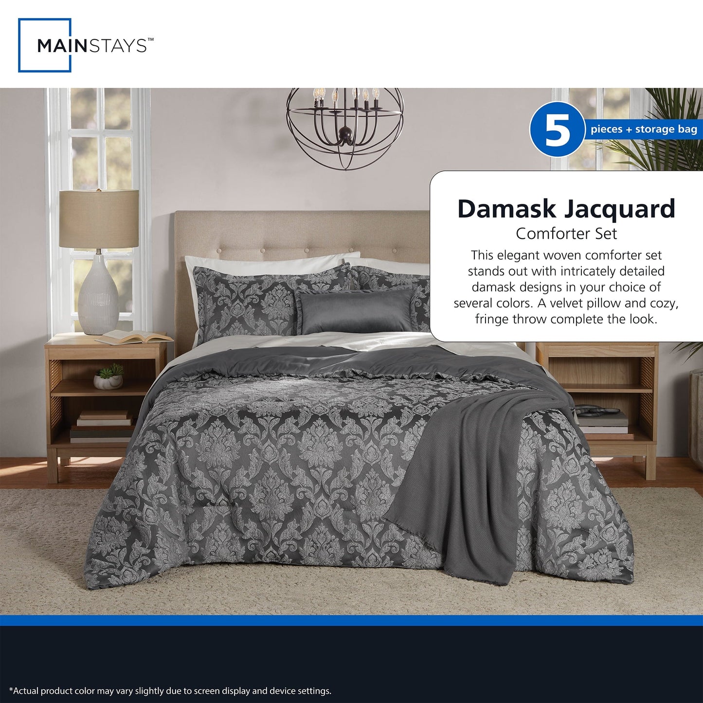 All-Season Full/Queen Comforter Set, All-Season, 5-Piece, Grey Jacquard Damask - All-Season Down Alternative Comforter Insert Detail