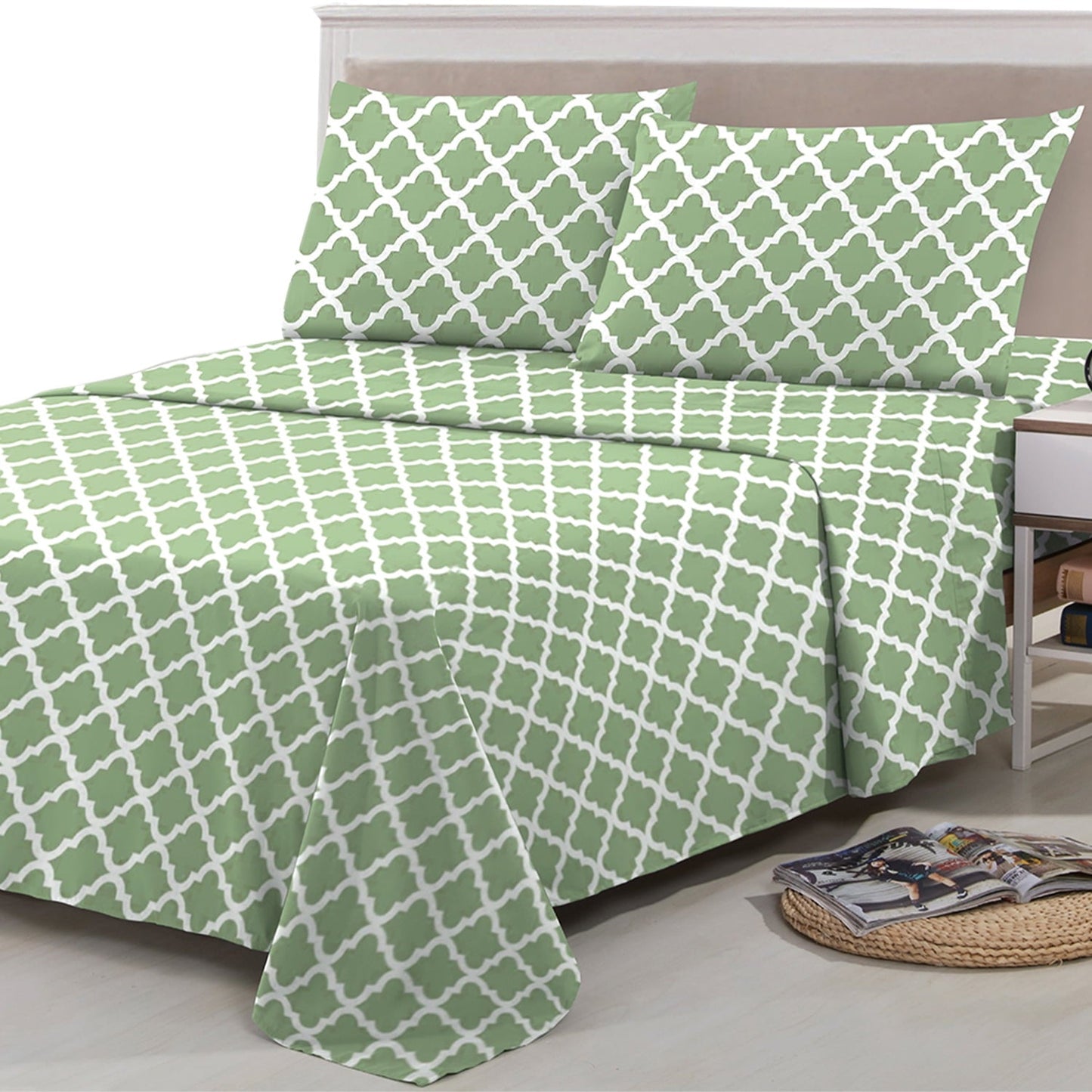 Ultra-Soft Quatrefoil Bed Sheet Set (King, Sage/White) 4 Piece Deep Pocket 1800 Series Microfiber Bed Sheet Set Contains 1 Fitte... - Cooling Hotel Quality Bedding Sheets and Pillowcases Detail