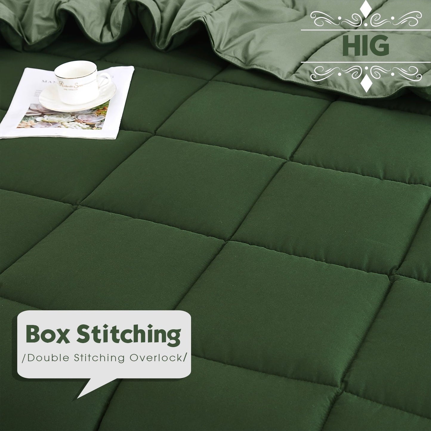 All-Season Light Weight Down Alternative Comforter Set, Queen, Green, Reversible - Cloud-Like Soft Lightweight Bed Comforter Detail