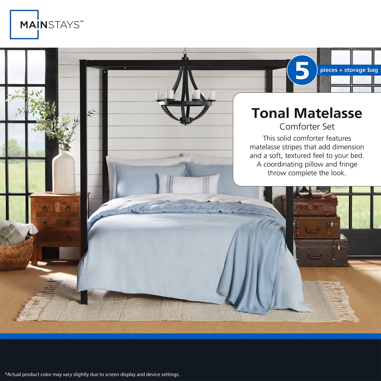 Luxurious Quilted Full/Queen Comforter Set, All-Season, 5-Piece, Blue Matelasse Tonal Stripe - All-Season Down Alternative Comforter Insert Detail