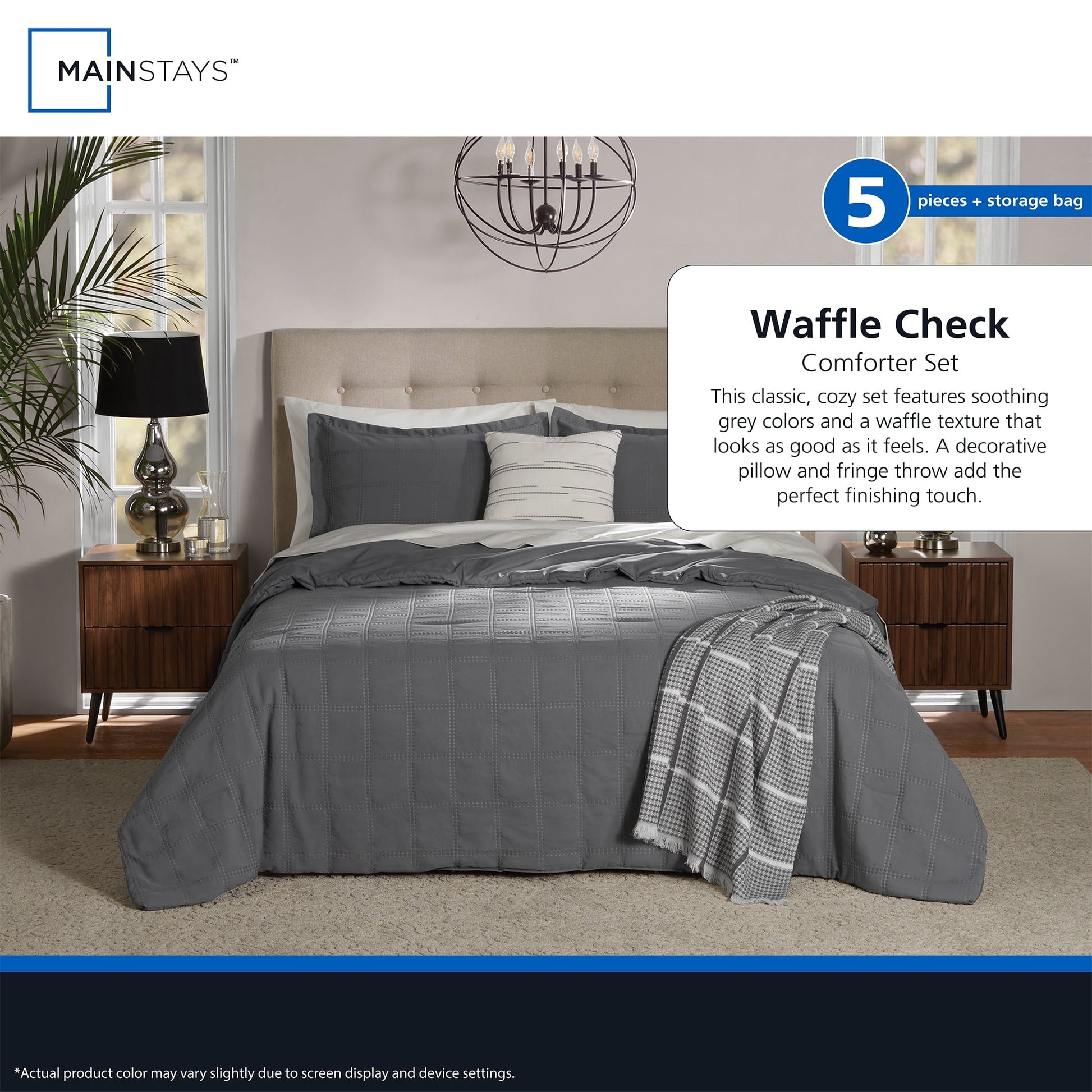 All-Season Full/Queen Comforter Set, All-Season, 5-Piece, Grey Waffle Check - Cloud-Like Soft Lightweight Bed Comforter Detail