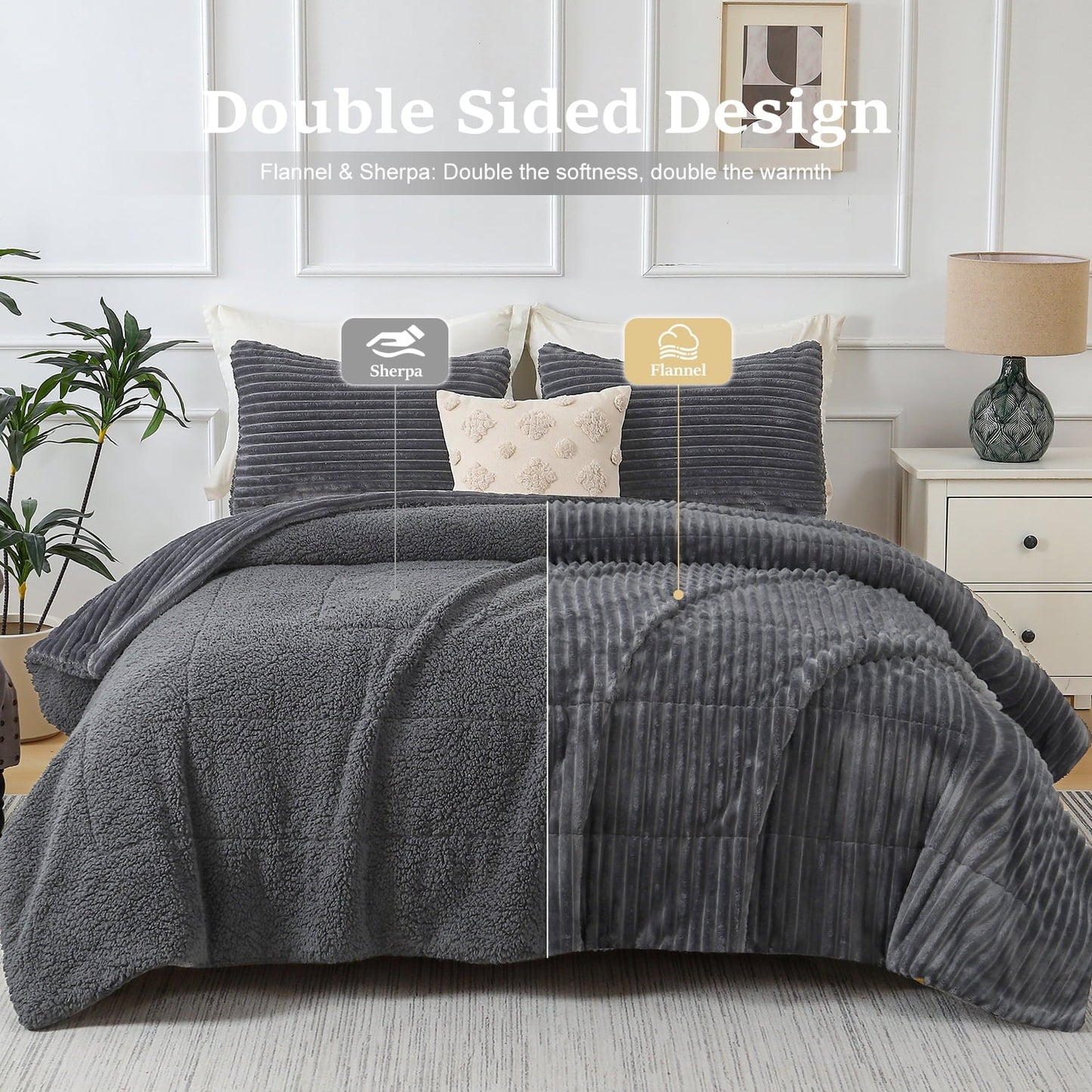 Fluffy Down Alternative 3 Piece Fleece Queen Comforter Set - Soft & Warm Fluffy Dark Gray Sherpa Bedding , Fuzzy Heavy Double Sided Design Wi... - Hypoallergenic Ultra-Fluffy Quilt for Winter Detail