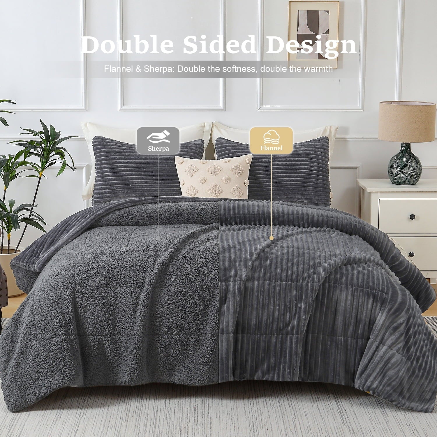 Fluffy Down Alternative 3 Piece Fleece Queen Comforter Set - Soft & Warm Fluffy Dark Gray Sherpa Bedding , Fuzzy Heavy Double Sided Design Wi... - Hypoallergenic Ultra-Fluffy Quilt for Winter Detail