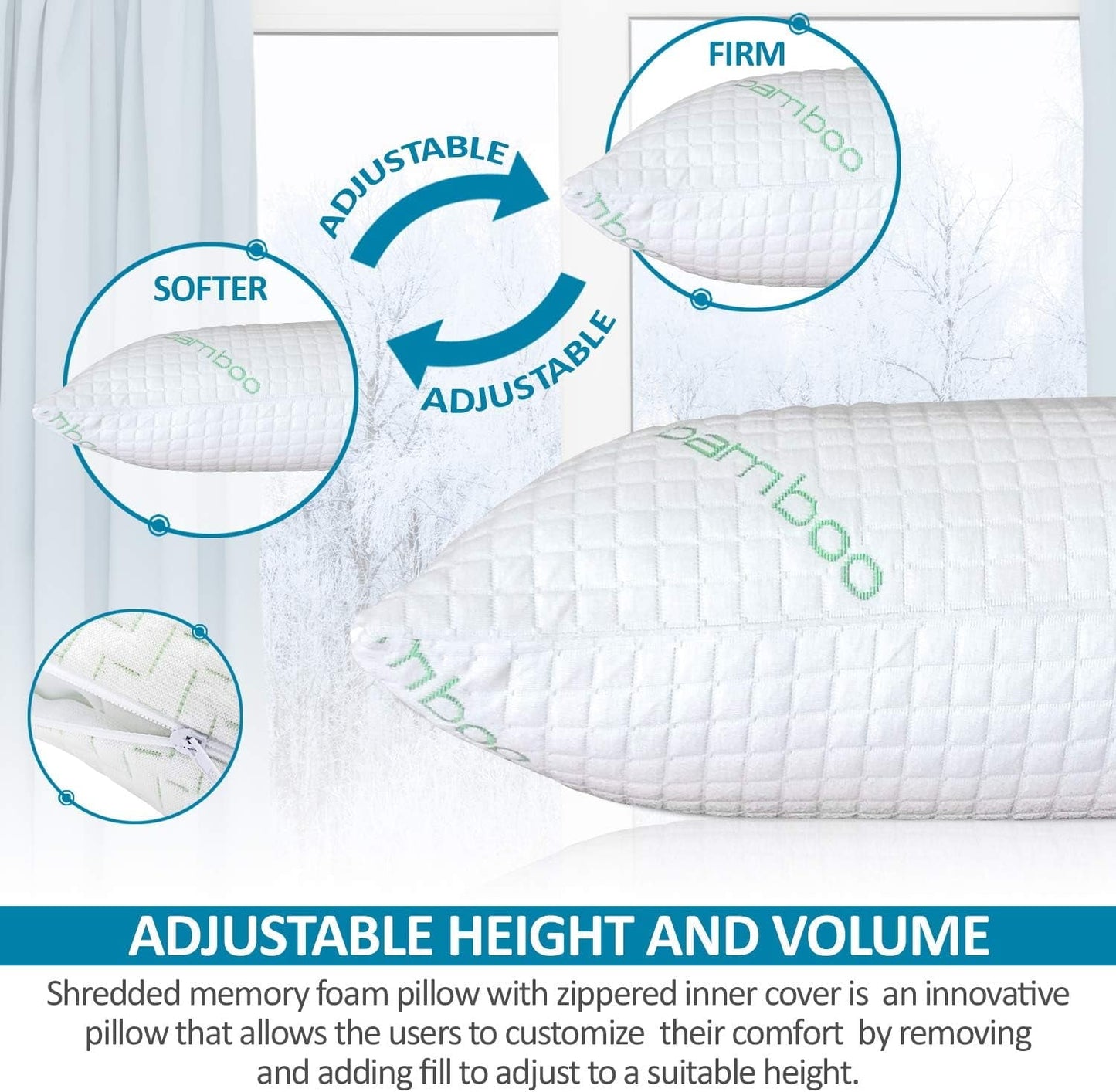 Fluffy Shredded Queen Size Bamboo Pillow, Memory Foam Bed Pillows with Washable Pillowcases, Queen - Ergonomic Memory Foam Pillow for Neck Pain Support Detail
