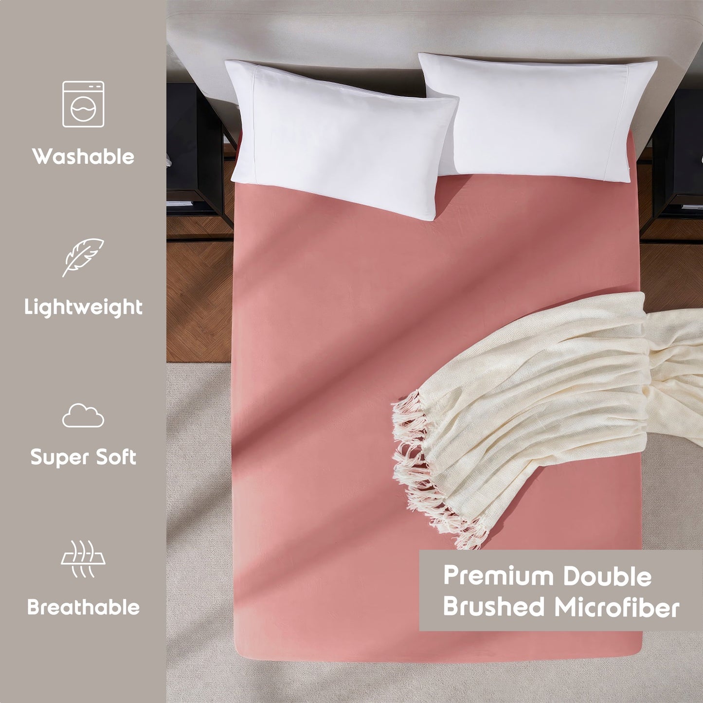 Premium Egyptian Cotton Extra Deep Pocket Twin XL Fitted Sheet Only, Fits 18" to 24" Mattress, Soft Microfiber Fitted Bed Sheet, Pink Clay - Luxury Bed Sheet Set with Deep Pockets Detail