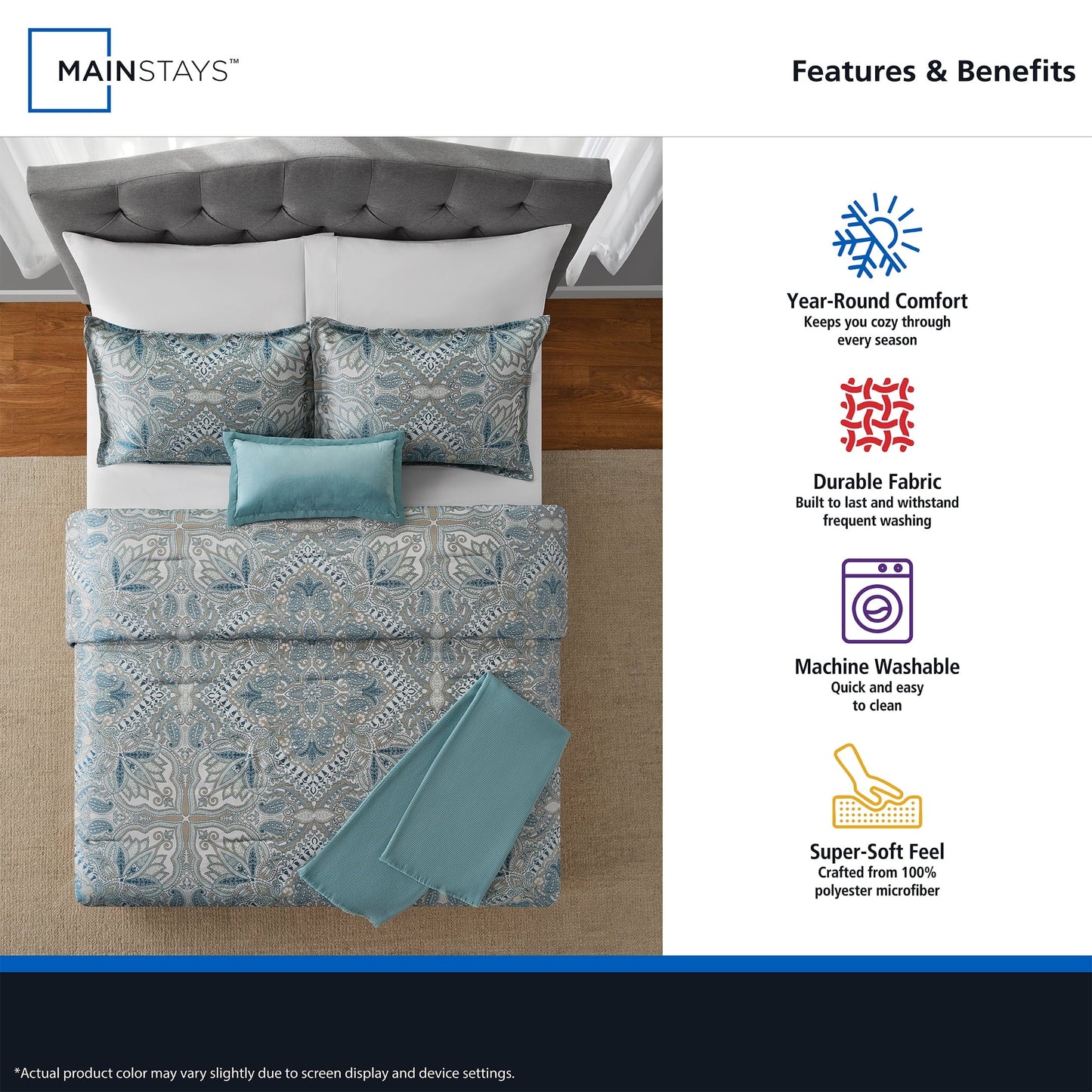 Luxurious Quilted Full/Queen Comforter Set, All-Season, 5-Piece, Teal Jacquard Medallion - Luxurious Quilted Duvet Cover Set Detail