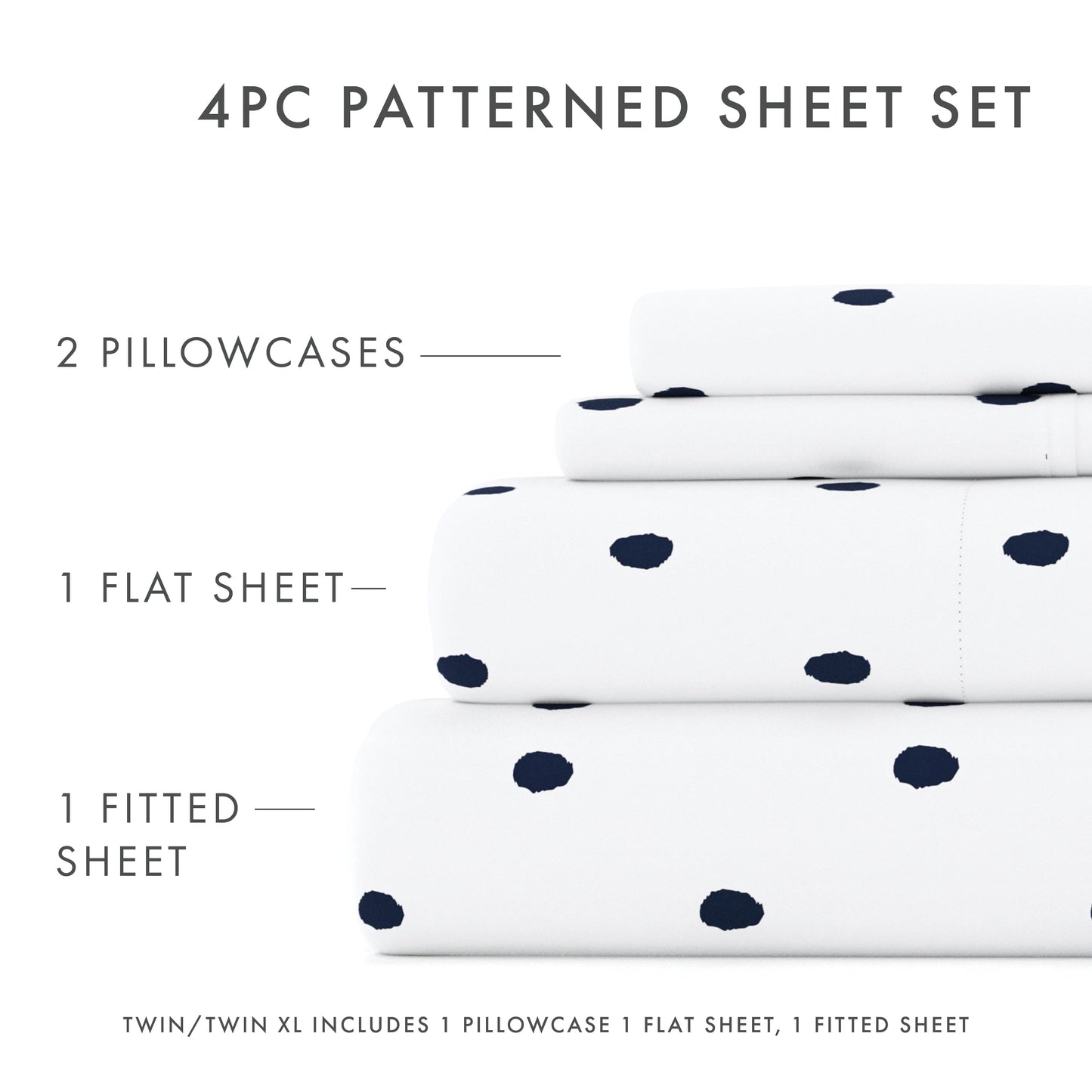 Ultra-Soft 4 Piece Pattern Microfiber Bed Sheets Set, Navy Dots, California King - Luxury Bed Sheet Set with Deep Pockets Detail
