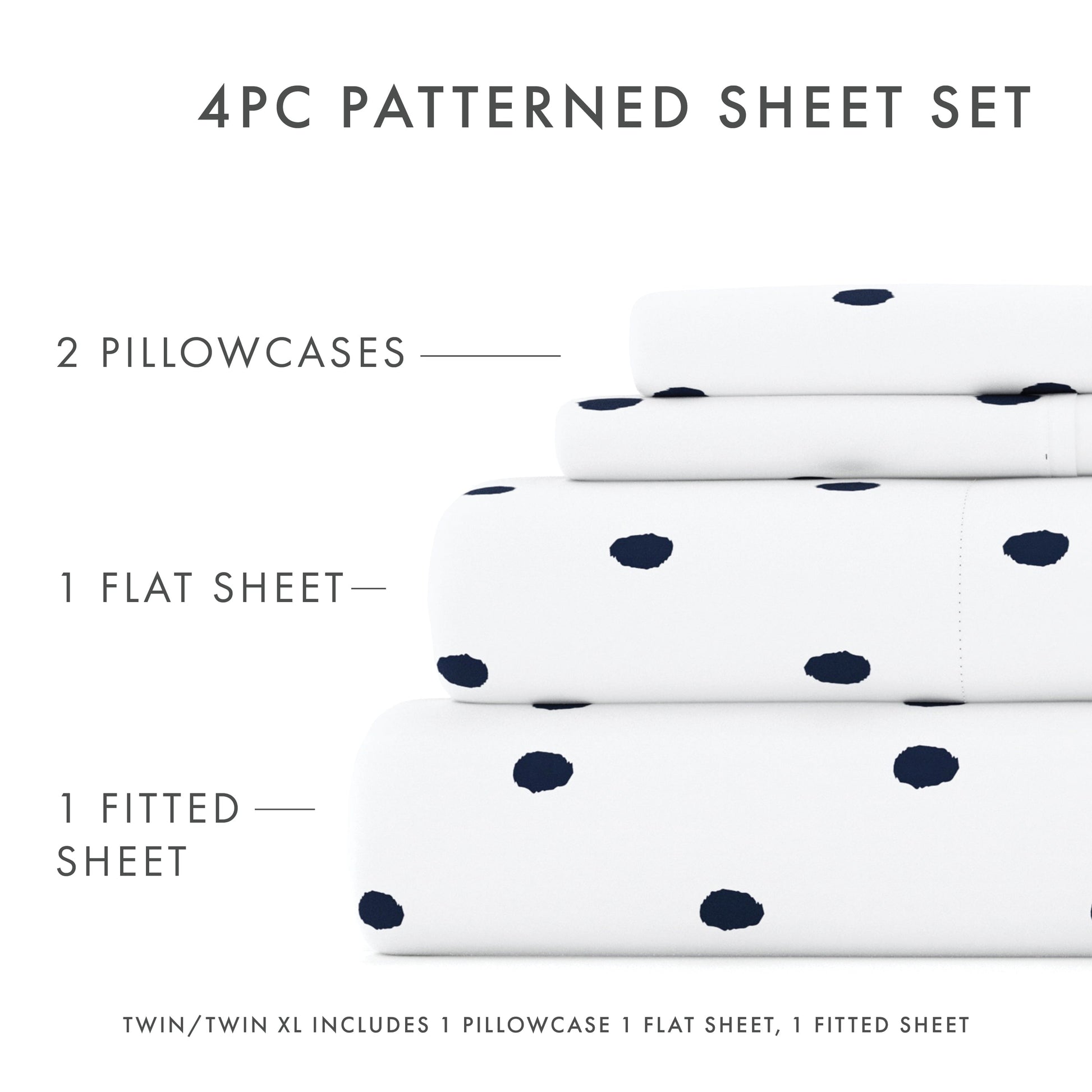 Ultra-Soft 4 Piece Pattern Microfiber Bed Sheets Set, Navy Dots, California King - Luxury Bed Sheet Set with Deep Pockets Detail