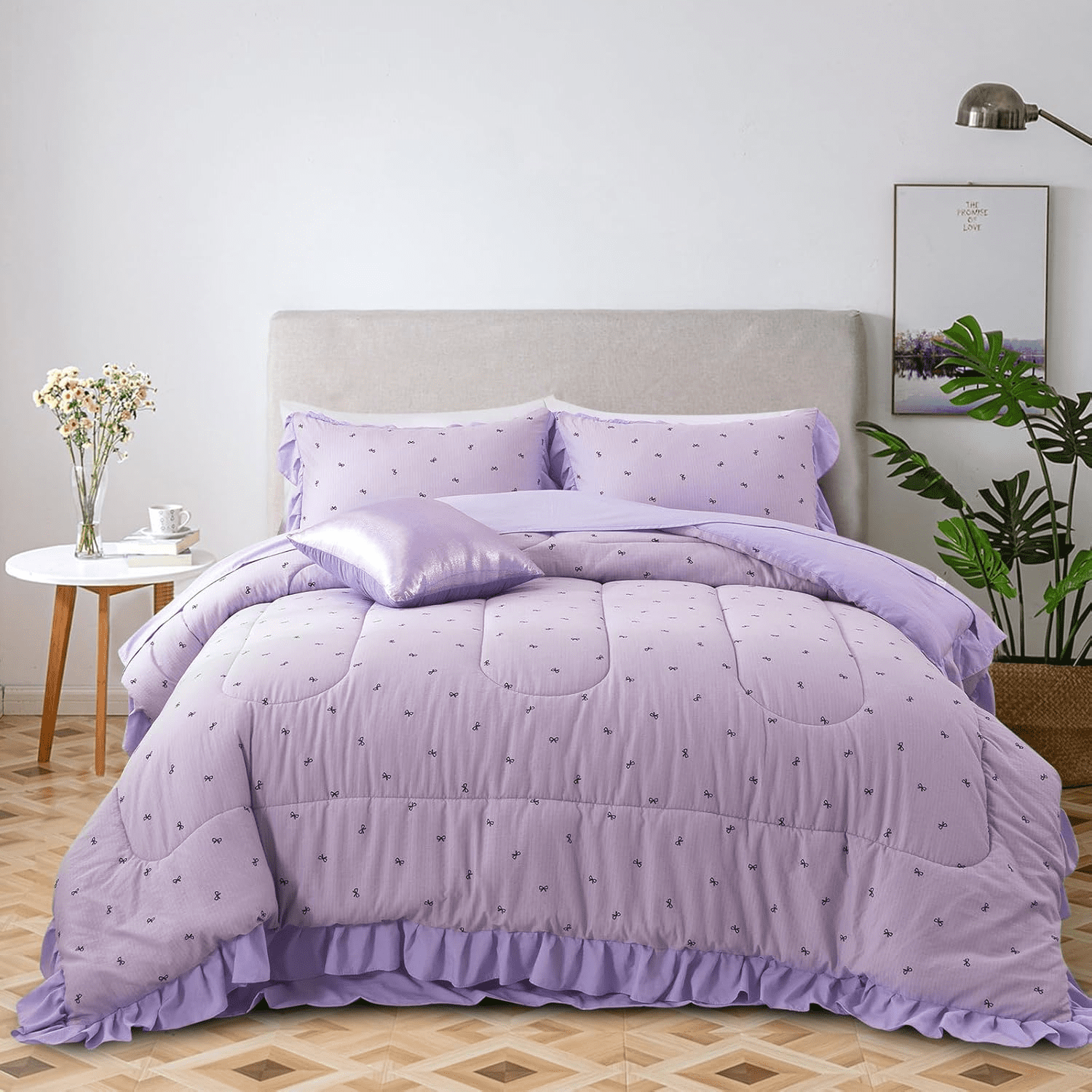 Hypoallergenic Cloud 6 Piece Delicate Bows Purple Bedding Set Ruffle Princess Style Comforter Set Bed in a Bag - Luxurious Quilted Duvet Cover Set Detail