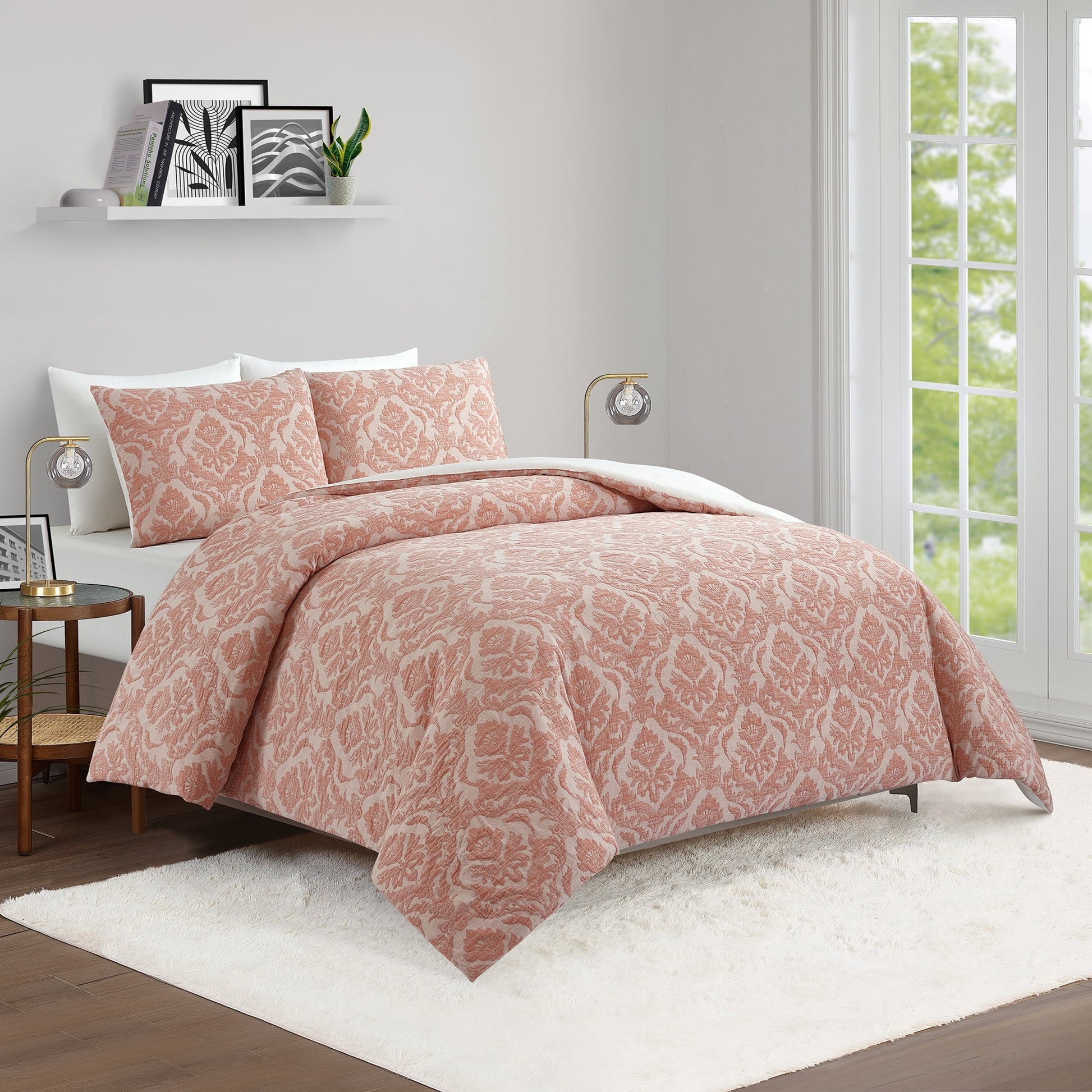 Luxurious Quilted Woven Damask 2-Piece Comforter Set, Blush, Full Queen, All Ages - Luxurious Quilted Duvet Cover Set Detail