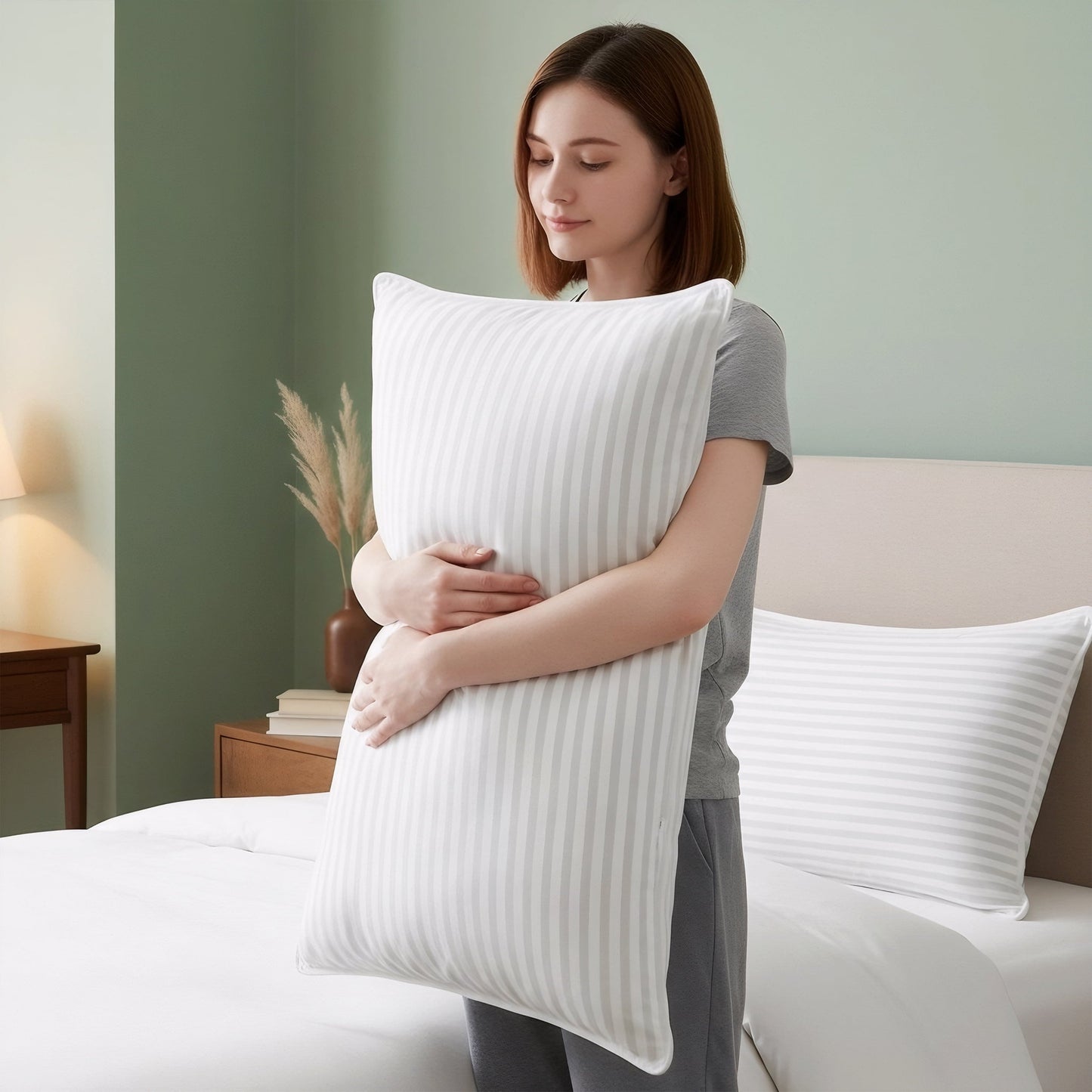 Orthopedic Support Bed Pillow with White Stripes - Set of 2 - Ultra Cozy & Relaxing For Adults, (Queen, 28"L x 20" W) - Hotel Quality Plush Sleeping Pillows Detail