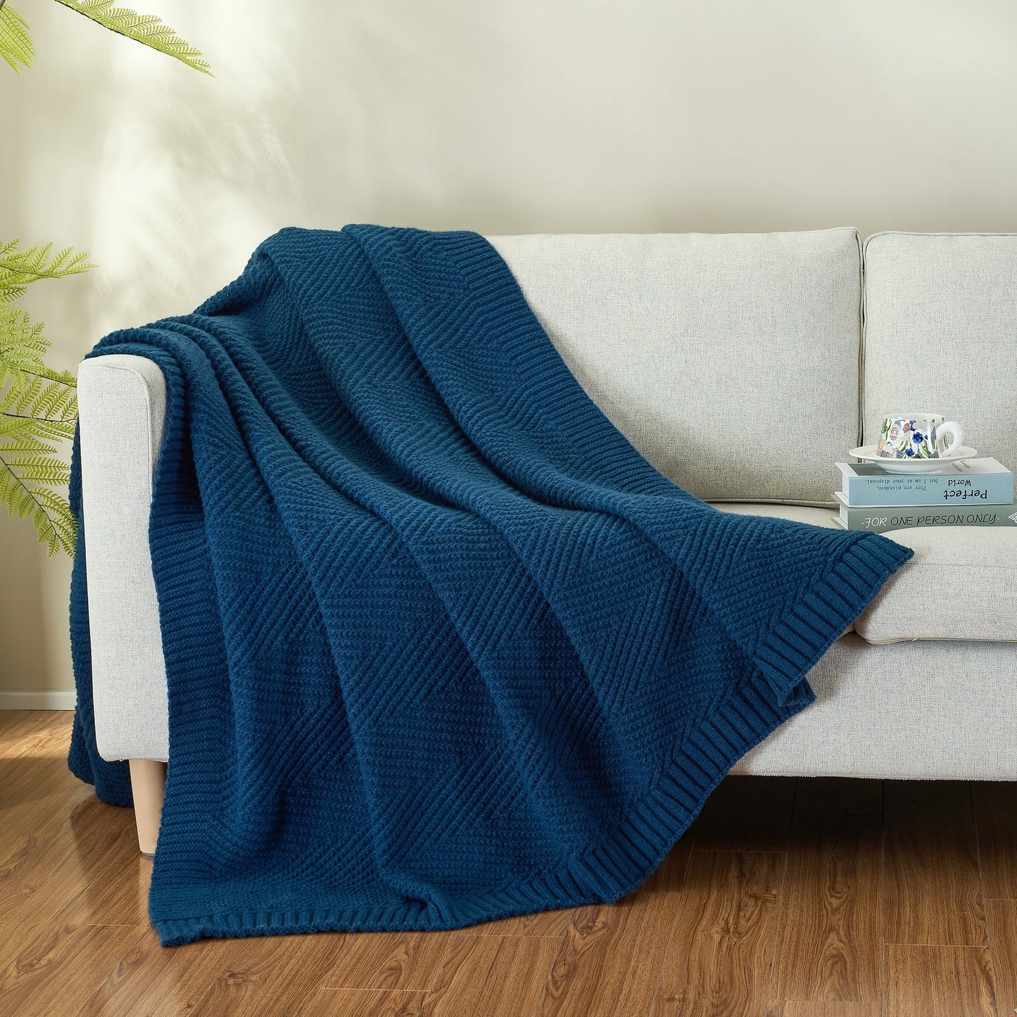 Cozy Fleece Soft Knitted Throw Blanket 50" x 60" Navy Blue, Boho Chevron Farmhouse Throw for Bed Couch - Lightweight Plush Warm Blanket for All Seasons Detail