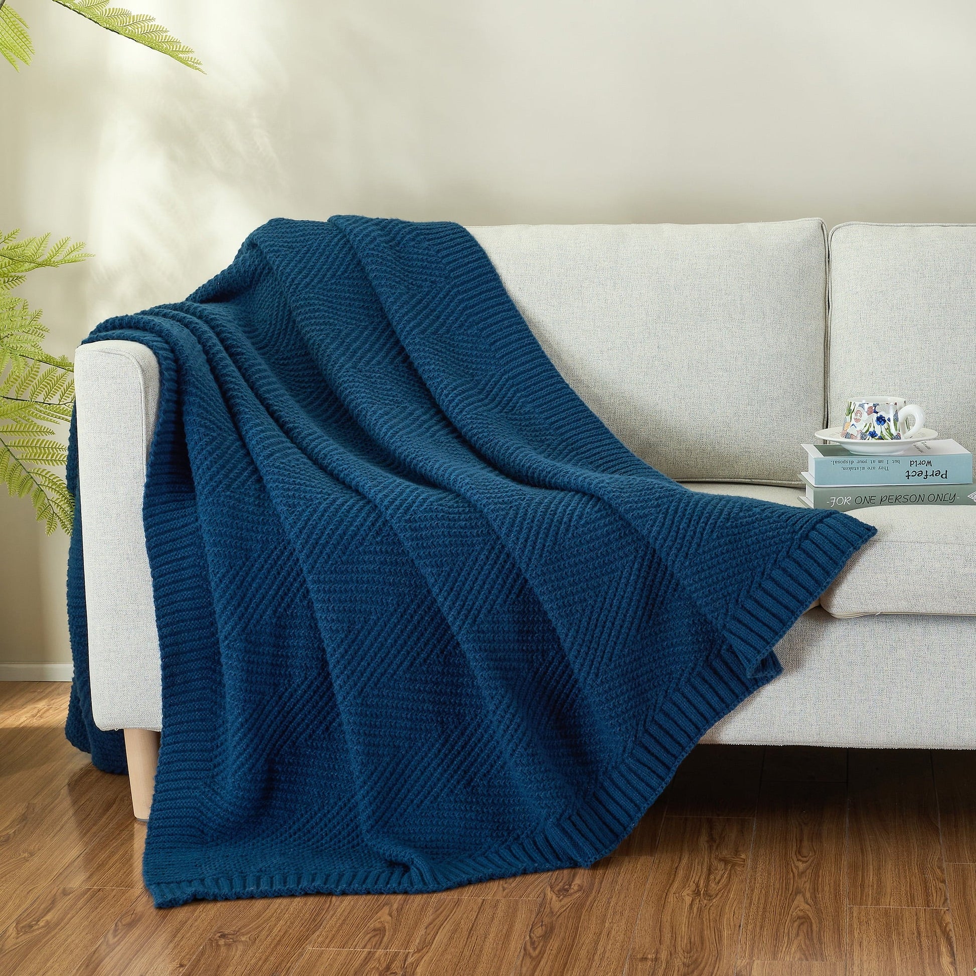 Cozy Fleece Soft Knitted Throw Blanket 50" x 60" Navy Blue, Boho Chevron Farmhouse Throw for Bed Couch - Lightweight Plush Warm Blanket for All Seasons Detail