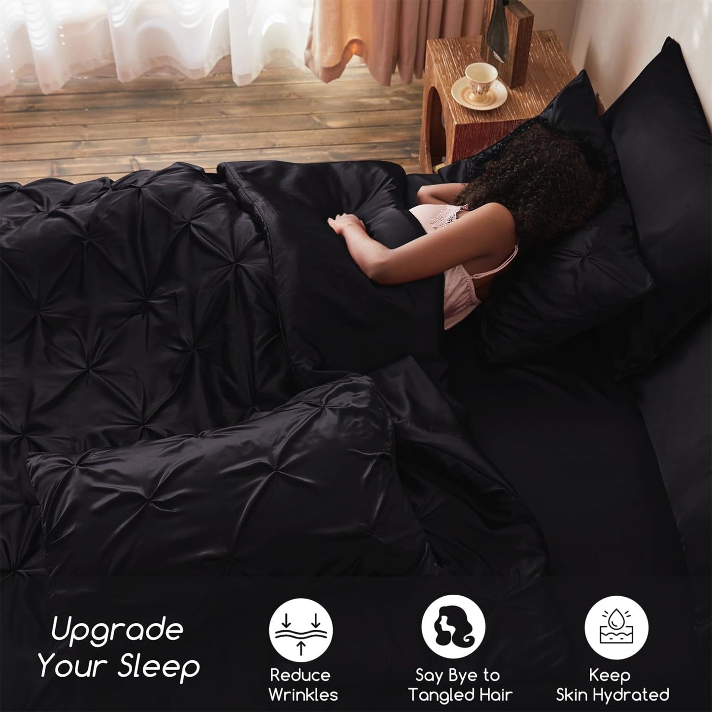 Heavyweight Warmth Satin Comforter Set 7 Pieces Queen Size - Luxurious Pinch Pleat Bed in a Bag with Satin Comforter, Satin Sheets, Sati... - Luxurious Quilted Duvet Cover Set Detail