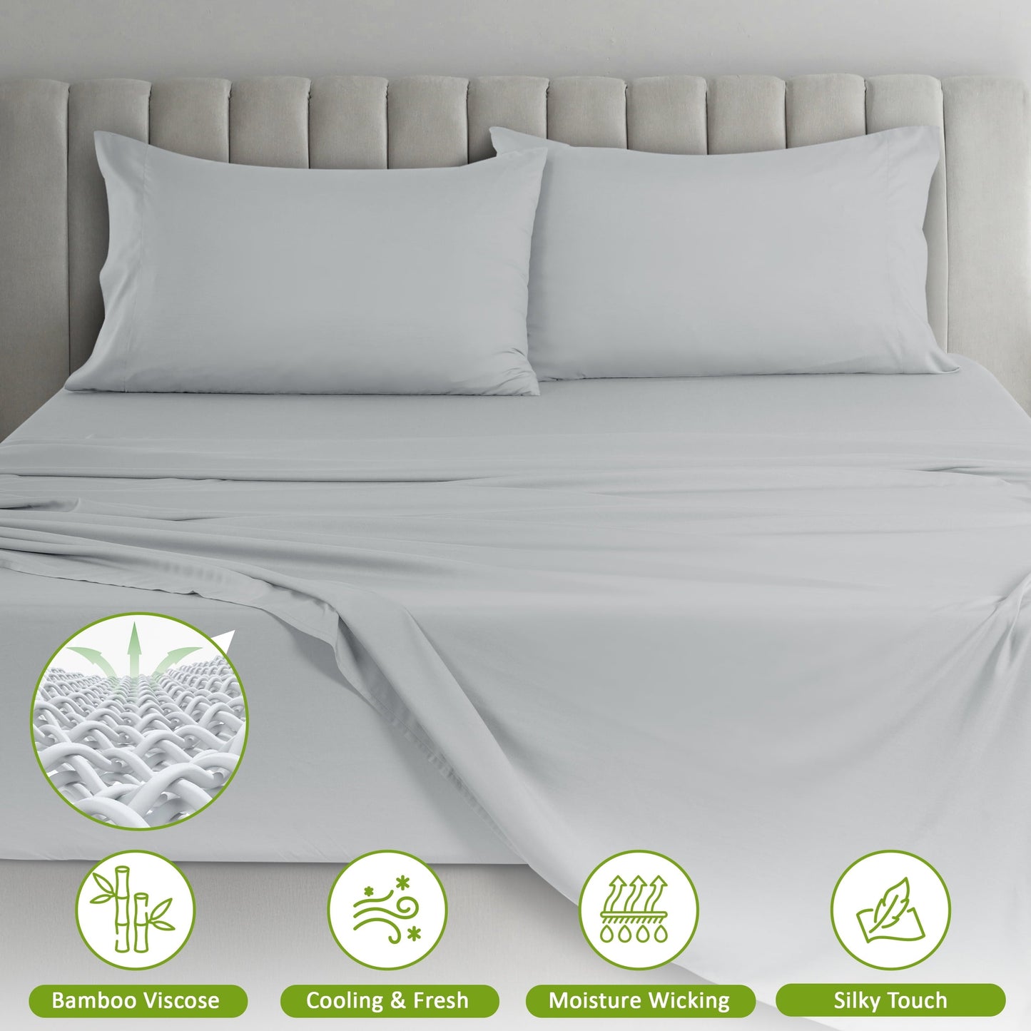Breathable Luxury Rayon - 4 Piece Cooling Bed Sheets Set, Gray - Luxury Bed Sheet Set with Deep Pockets Detail