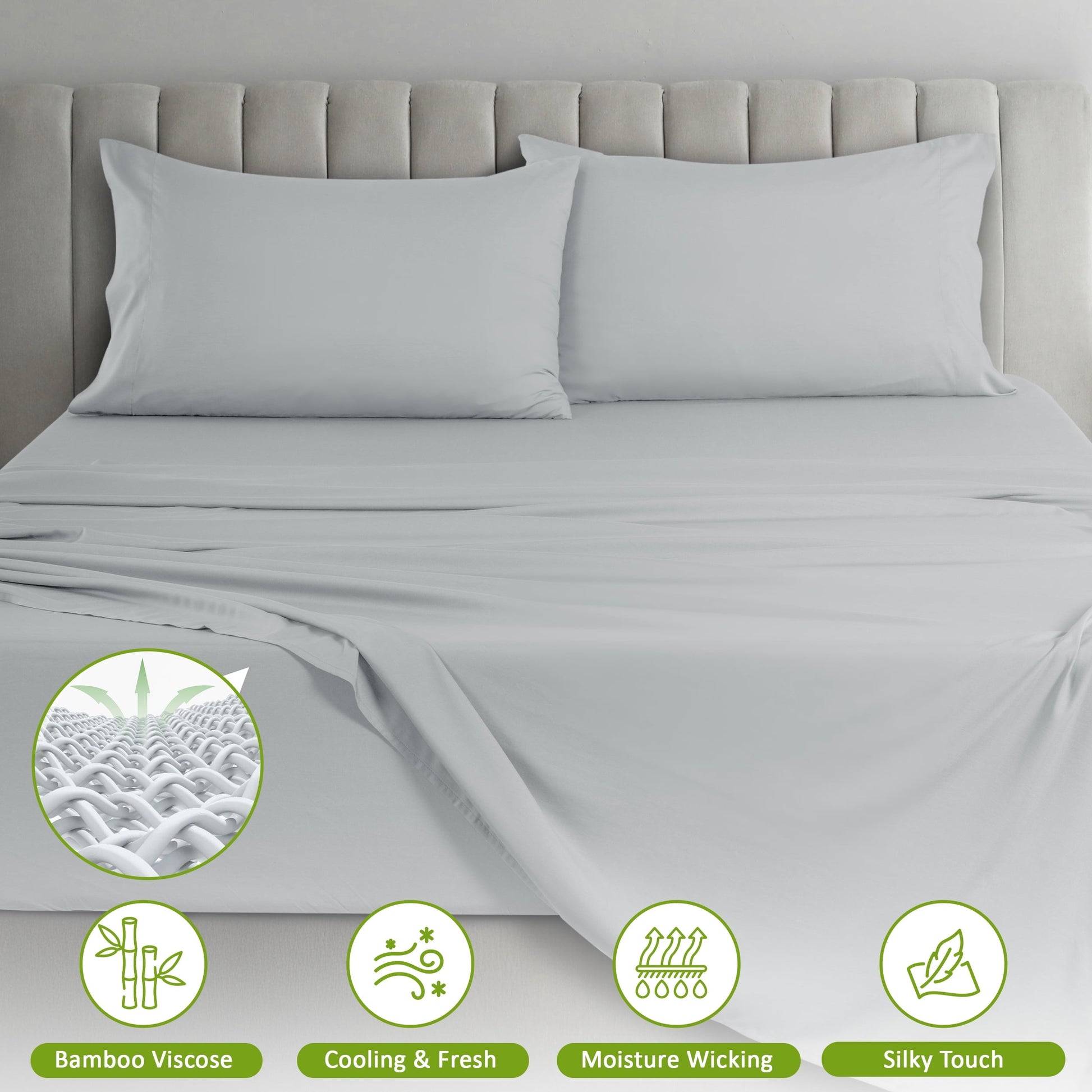Breathable Luxury Rayon - 4 Piece Cooling Bed Sheets Set, Gray - Luxury Bed Sheet Set with Deep Pockets Detail