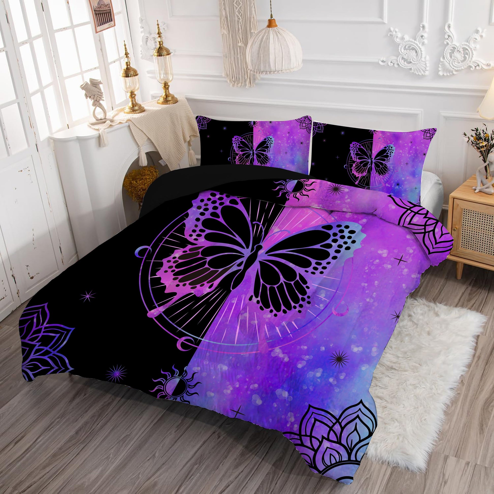 Fluffy Down Alternative Butterfly Comforter Set Full Size for Girls Kids Teens Black Blue Purple Tie Dye Bedding Set 3 Pieces - Luxurious Quilted Duvet Cover Set Detail