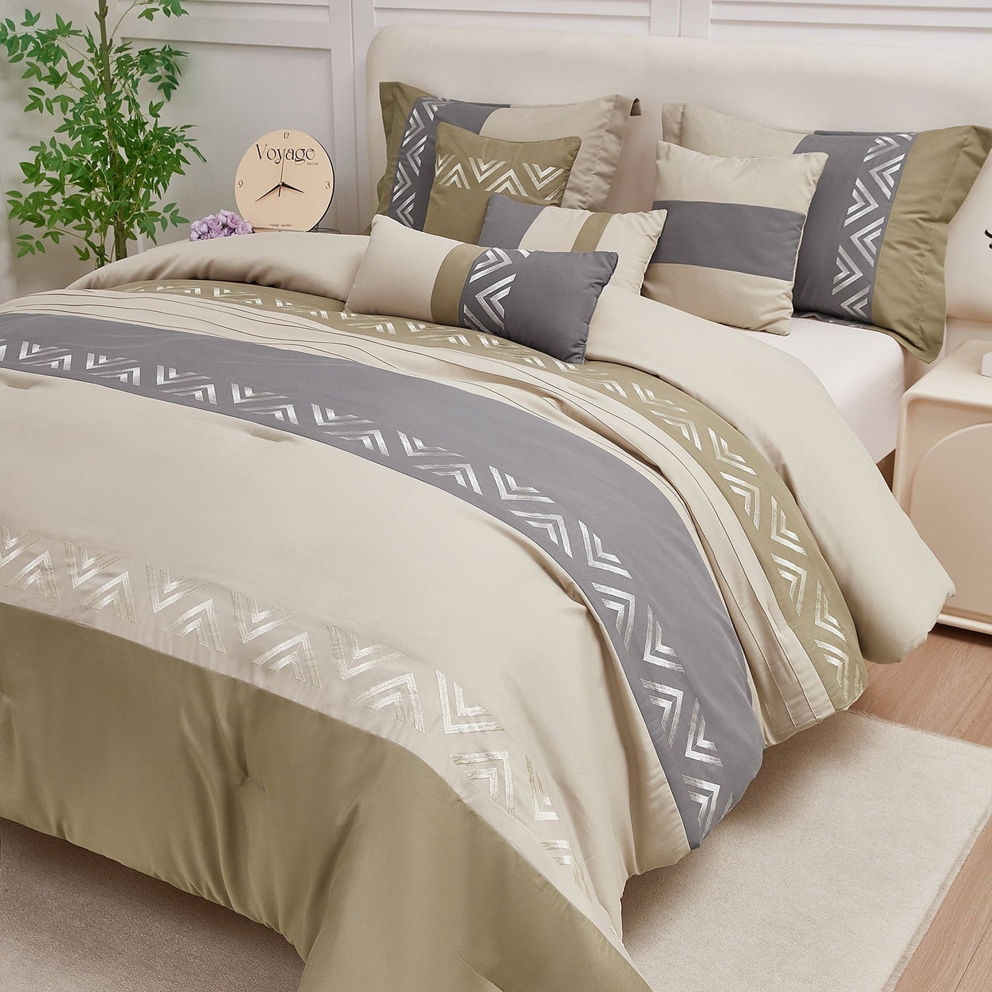 All-Season 7 Piece Embroidery Design Bed-in-a-Bag, Taupe Queen Size Ultra Soft Comforter Set for Adults - Cloud-Like Soft Lightweight Bed Comforter Detail