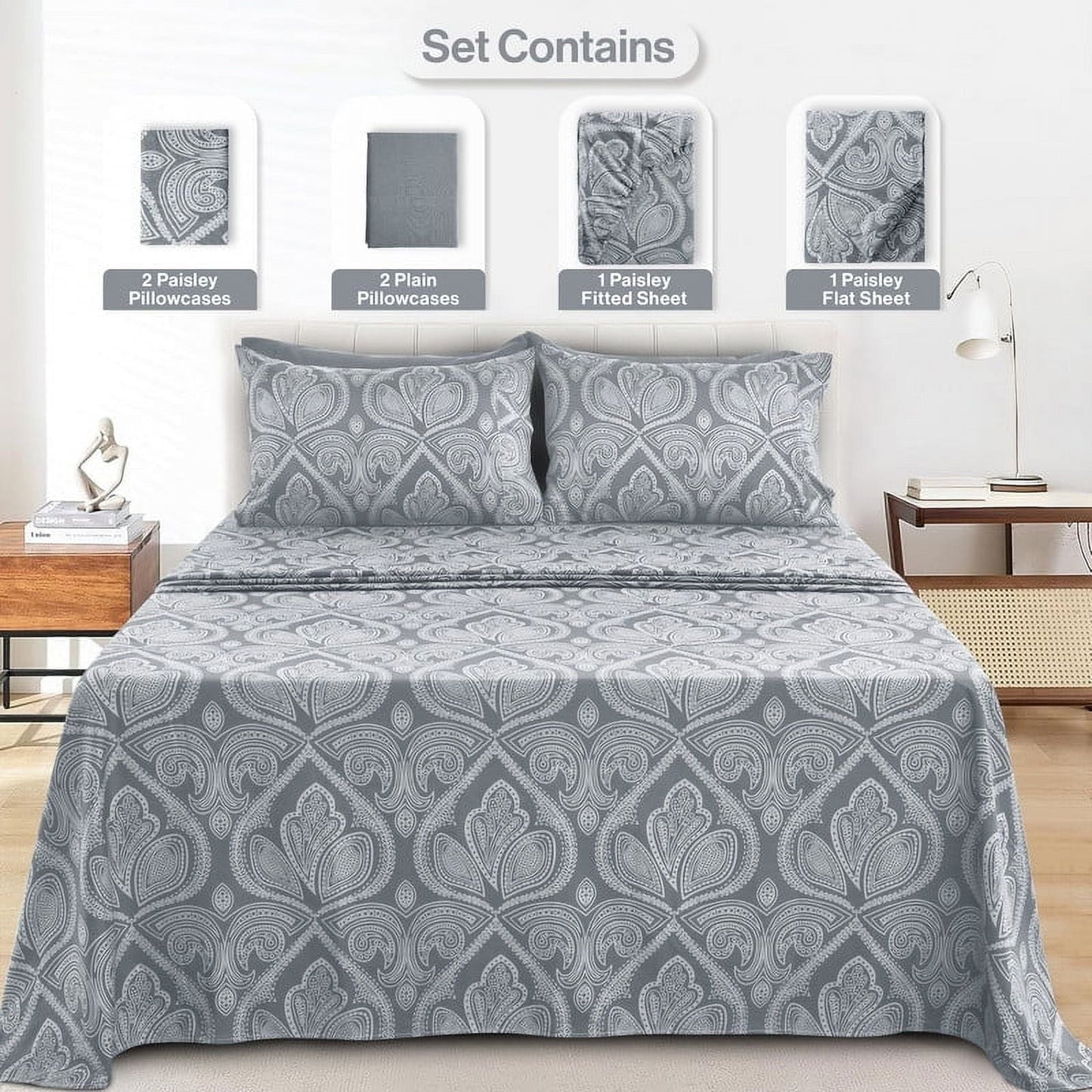 Cooling Sateen 6-Piece Bed Sheet Set, Deep Pocket Queen Sheets Up to 16 Inch, 1 Flat Sheet , 1 Fitted Sheet & 4 Pillowcases (Queen, ... - Cooling Hotel Quality Bedding Sheets and Pillowcases Detail