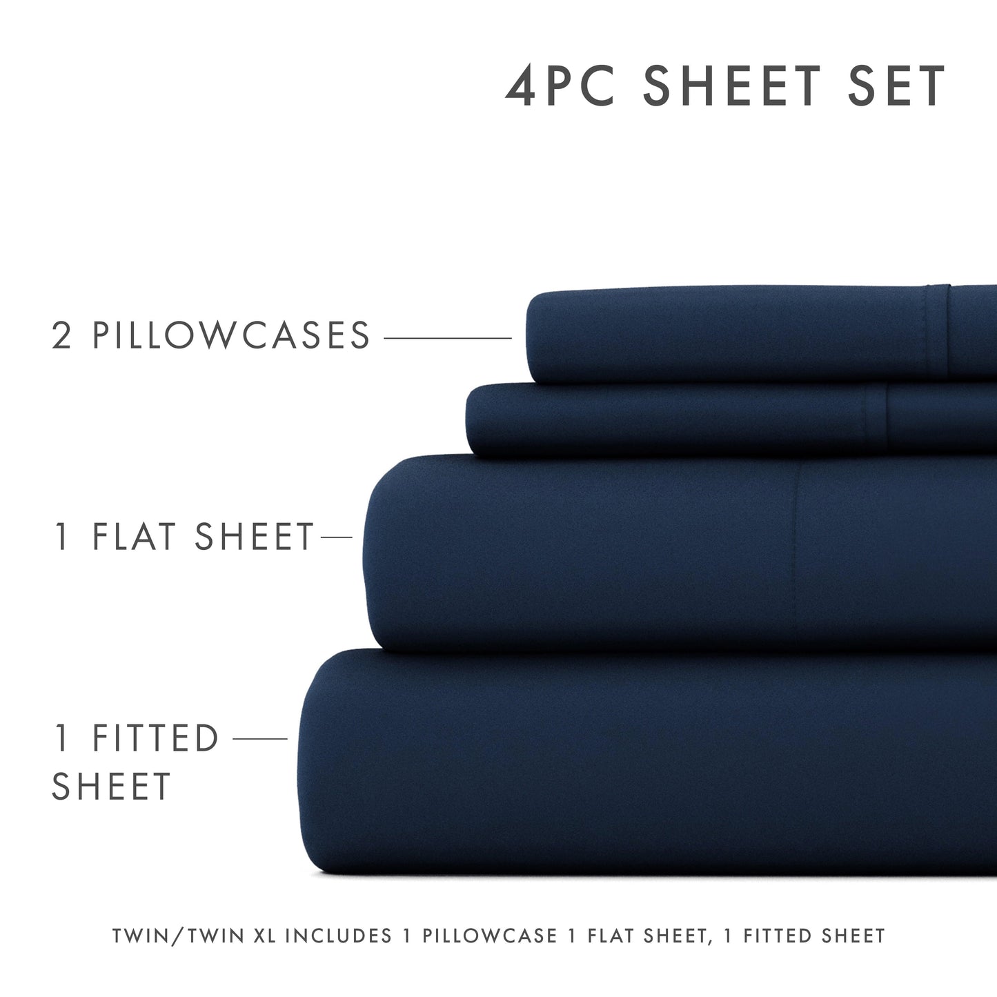 Cooling Sateen 4 Piece Solid Microfiber Bed Sheet Set, Navy, Queen - Premium Ultra-Soft Pillowcase Pair for Sleeping Detail