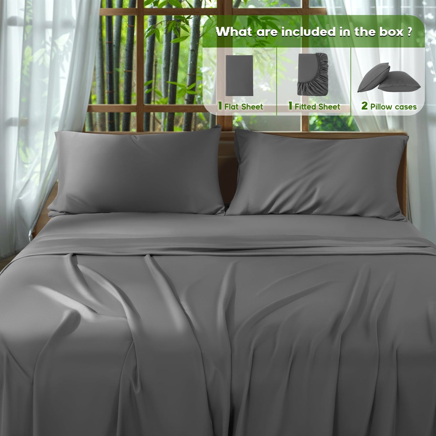 Wrinkle-Resistant Luxury Bamboo Bed Sheet Set - Deep Pockets - 4 Piece, Queen, Dark Gray - Cooling Hotel Quality Bedding Sheets and Pillowcases Detail