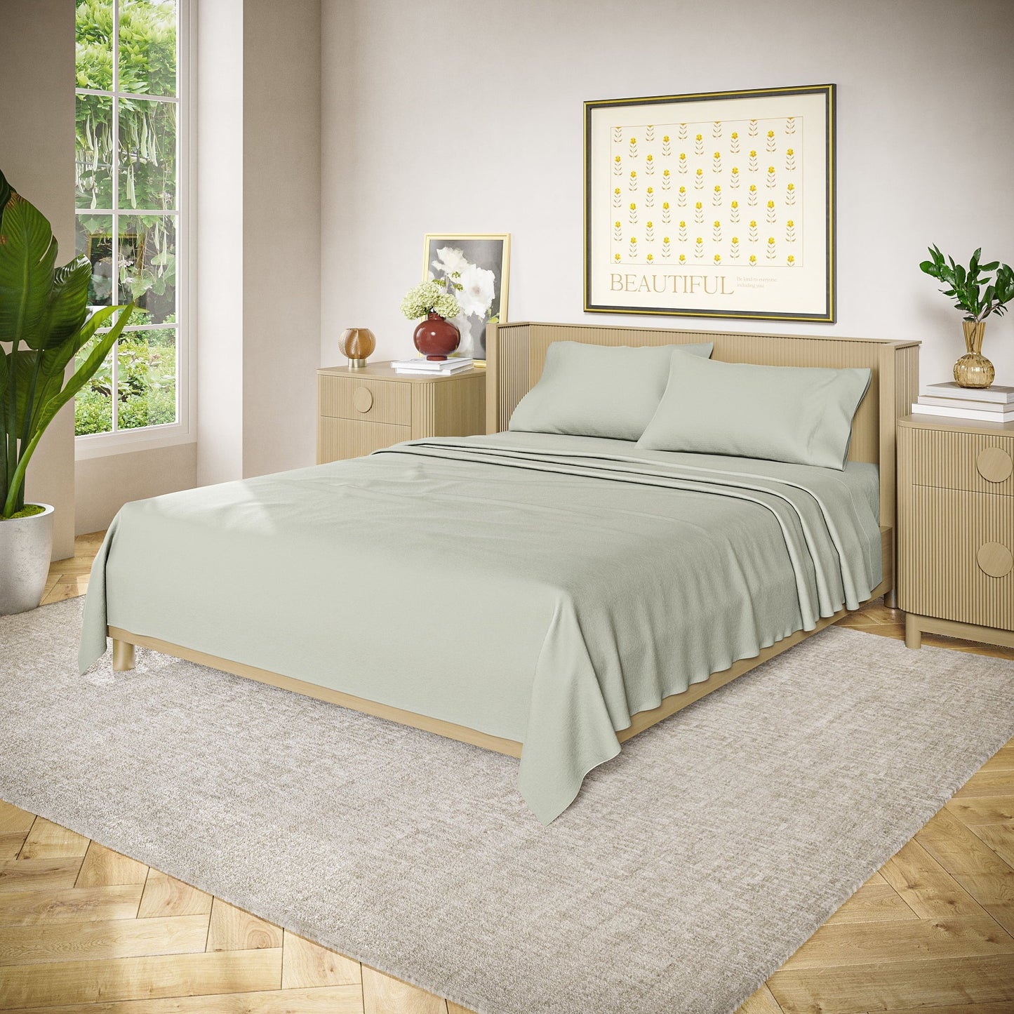 Premium Egyptian Cotton Solid 4-Piece 100% Cotton Washed Percale Sage Green Sheet Set, Full - Breathable Egyptian Cotton Flat & Fitted Sheets Detail