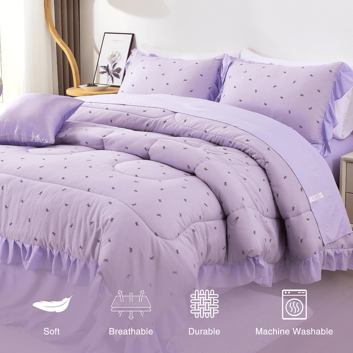 Hypoallergenic Cloud 6 Piece Delicate Bows Purple Bedding Set Ruffle Princess Style Comforter Set Bed in a Bag - Luxurious Quilted Duvet Cover Set Detail