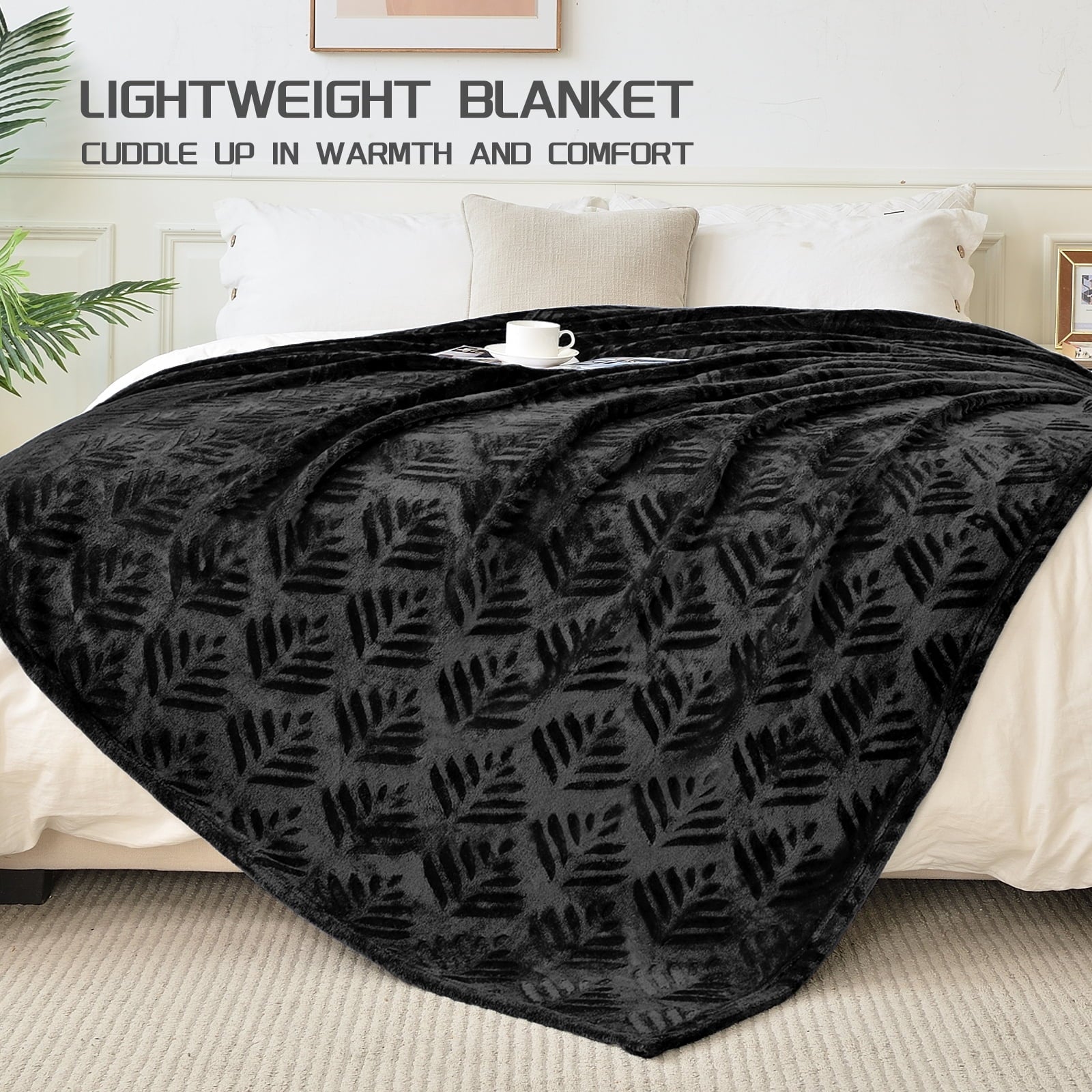 Reversible Sherpa Fleece Throw Blanket for Couch, Leaves Pattern Super Soft and Cozy Blankets, Plush Fuzzy Lightweight, Black, 50"x60" - Luxury Knitted Decorative Throw Blanket with Fringes Detail