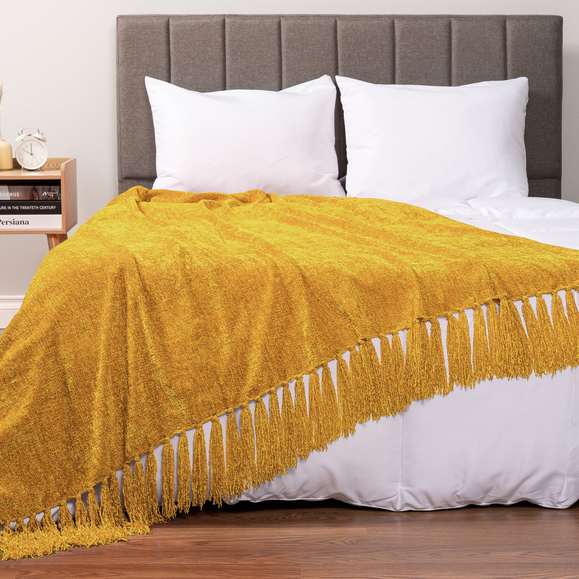 Super Soft Flannel Mustard Yellow Chenille Throw Blanket for Couch, Soft Gold Knit Blanket with Tassel Fringe, Woven Chenille Knitted De... - Super Soft Reversible Sherpa Flannel Blanket Detail