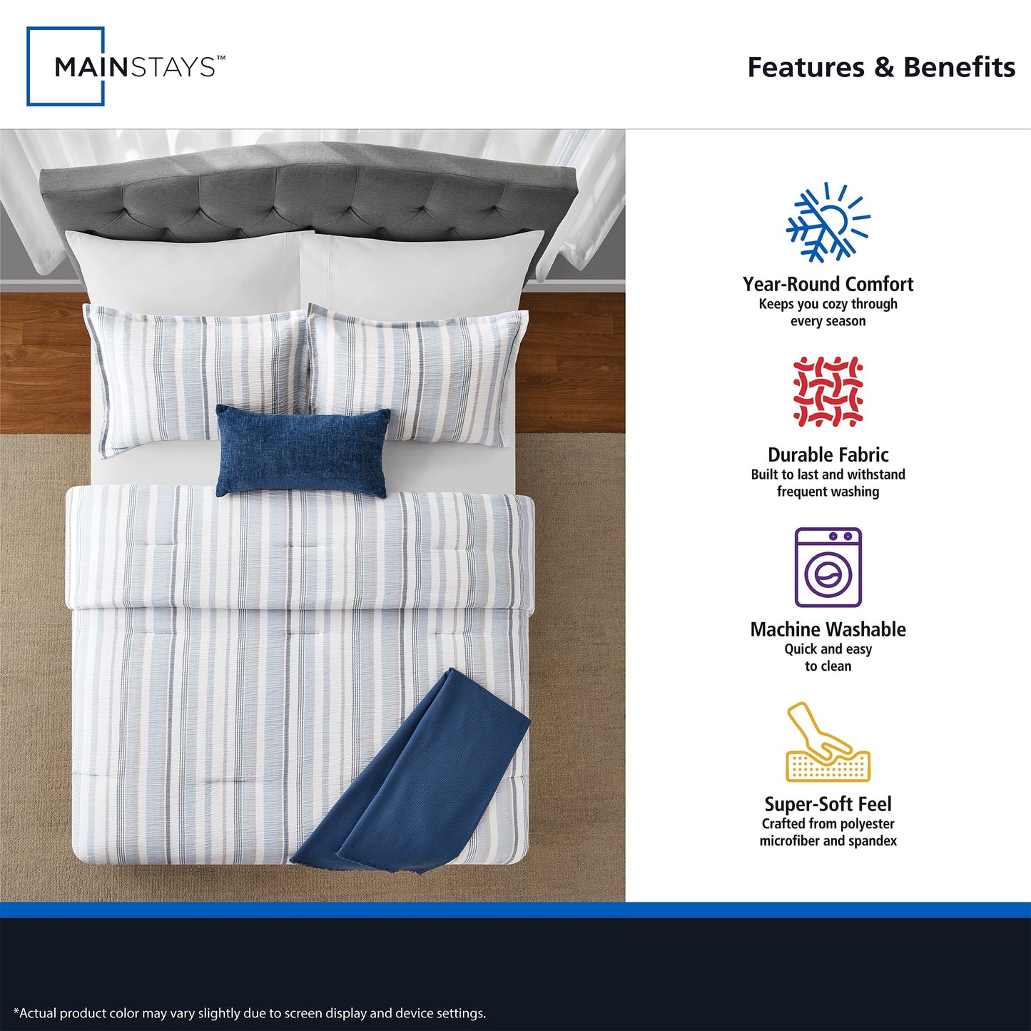 Luxurious Quilted Full/Queen Comforter Set, All-Season, 5-Piece, Blue Yarn Dyed Stripe - All-Season Down Alternative Comforter Insert Detail