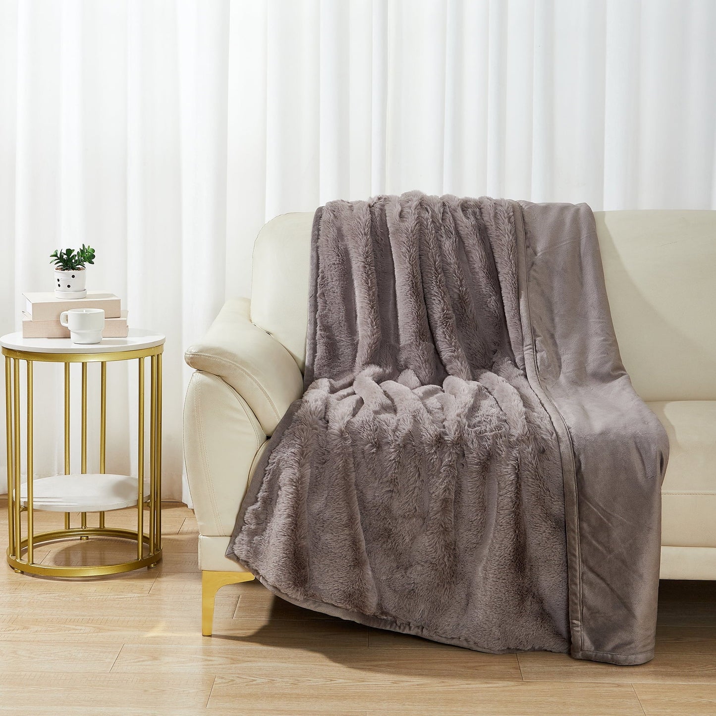Lightweight Warm Grey Faux Fur Ultra Soft Luxury Oversized Throw Blanket 50" x 72", Grey Bisque - Luxury Knitted Decorative Throw Blanket with Fringes Detail